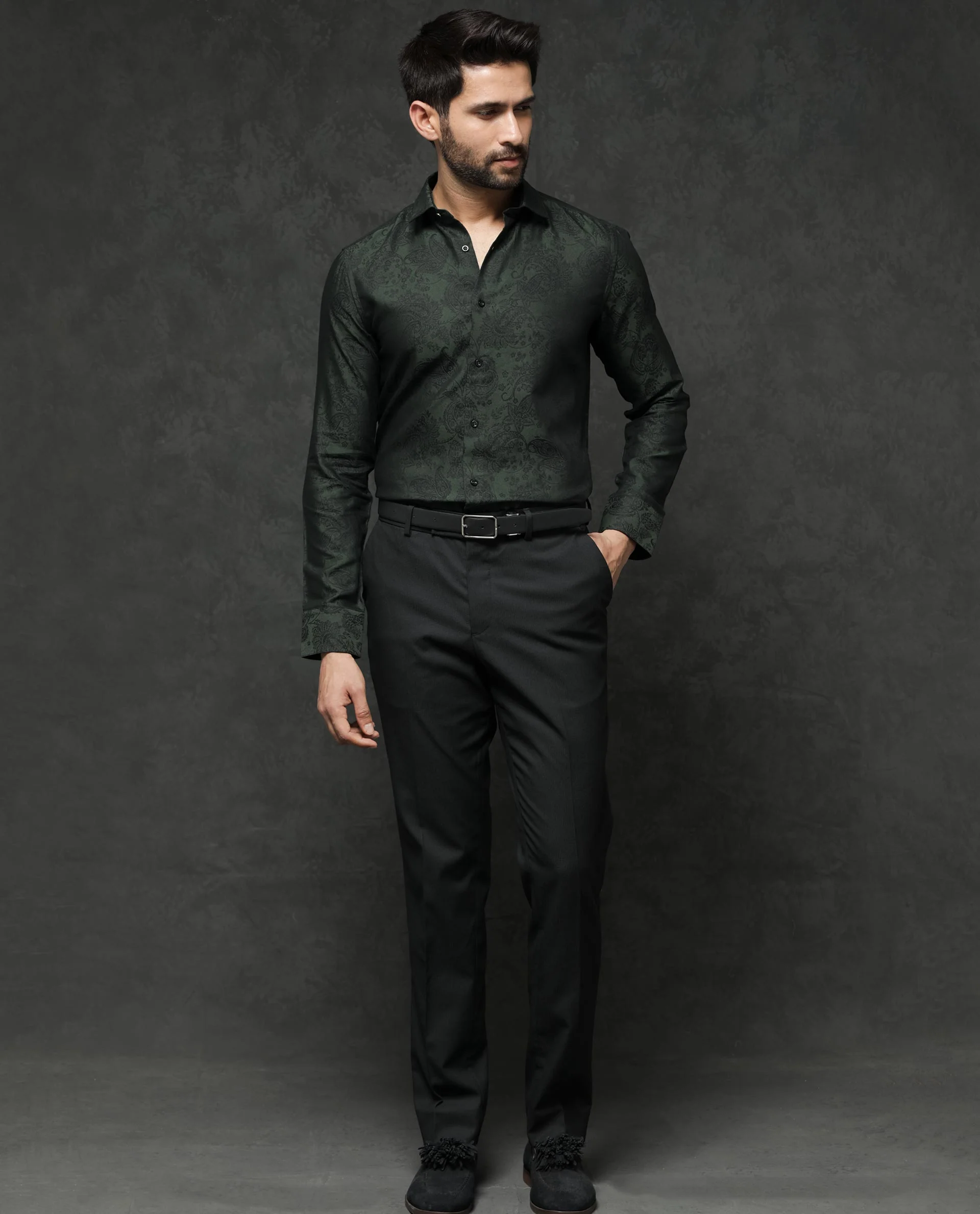 Rare Rabbit Men's Poe Dark Green Jacquard Regular Fit Full Sleeve Collared Shirt - Image 7