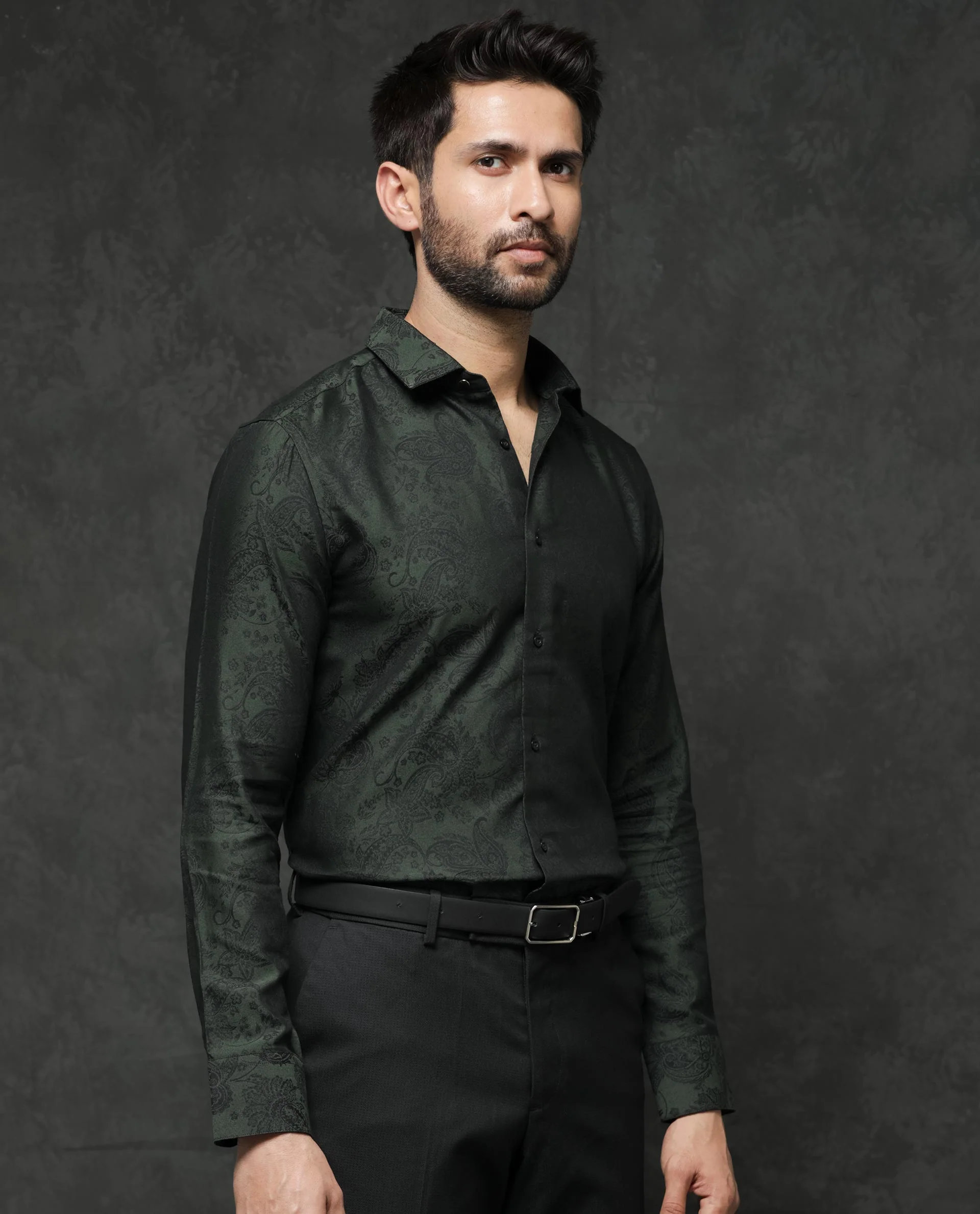 Rare Rabbit Men's Poe Dark Green Jacquard Regular Fit Full Sleeve Collared Shirt - Image 8