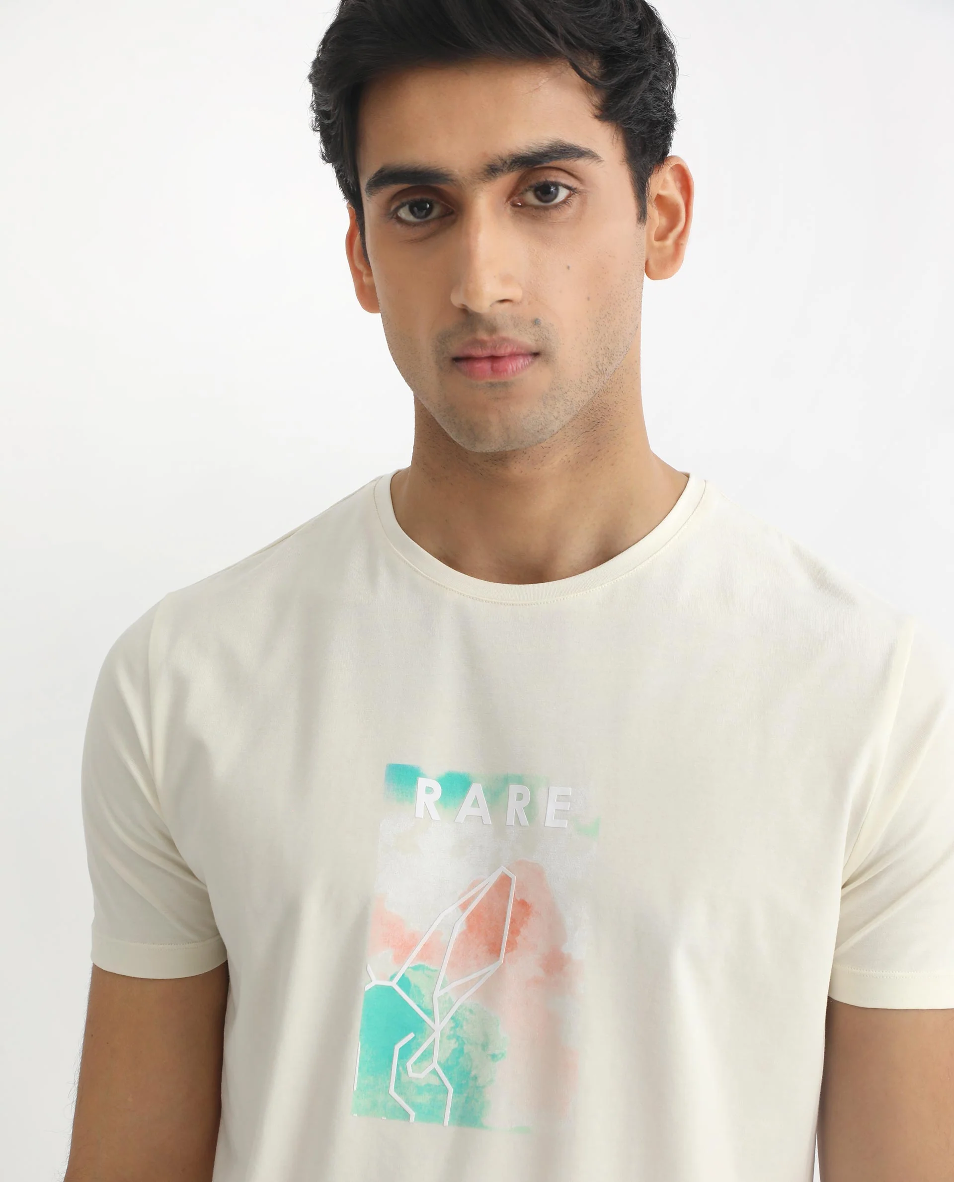 Rare Rabbit Men's Poet Pastel Yellow Cotton Graphic Print Slim Fit Half Sleeve Crew Neck T-Shirt