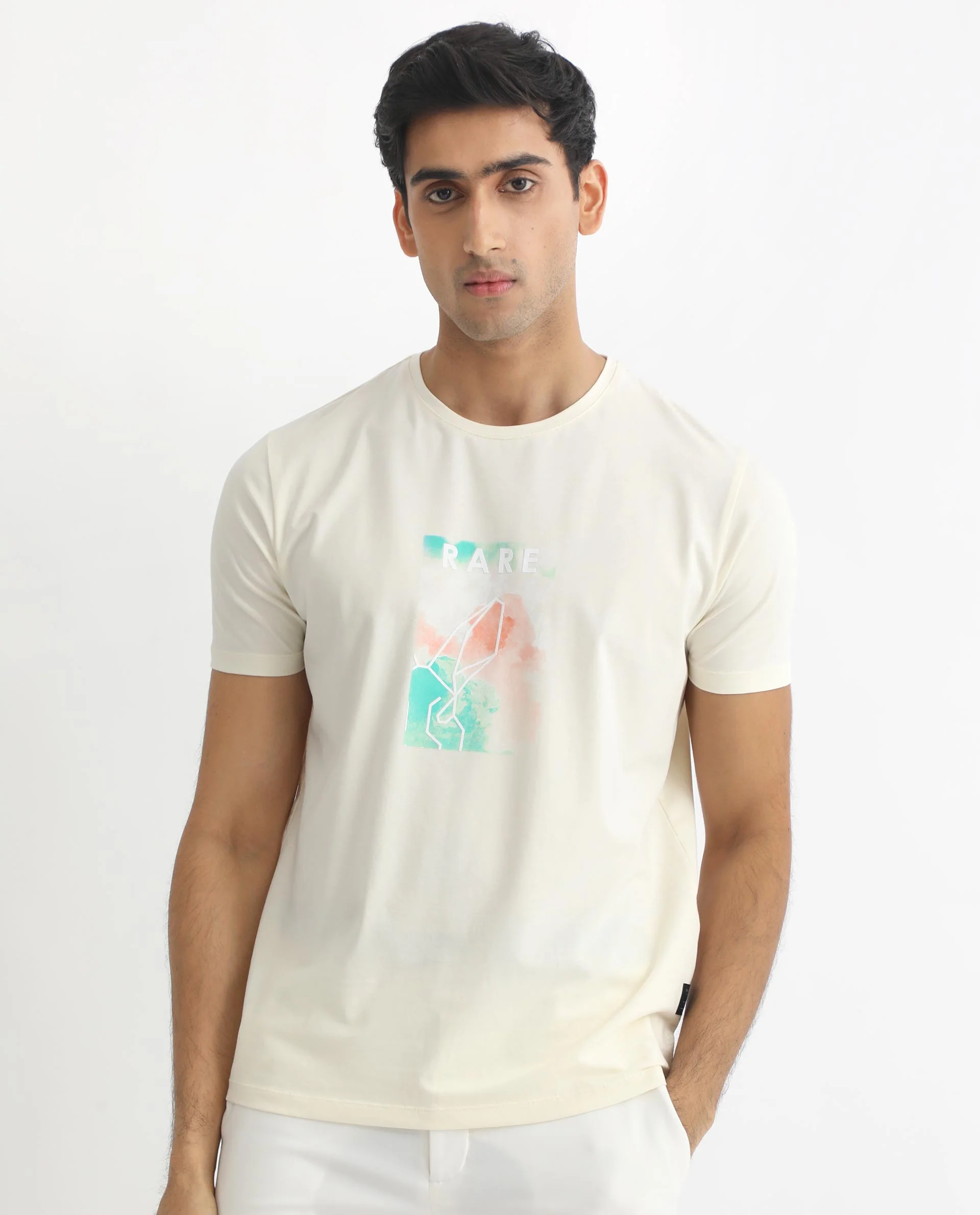 Rare Rabbit Men's Poet Pastel Yellow Cotton Graphic Print Slim Fit Half Sleeve Crew Neck T-Shirt - Image 3