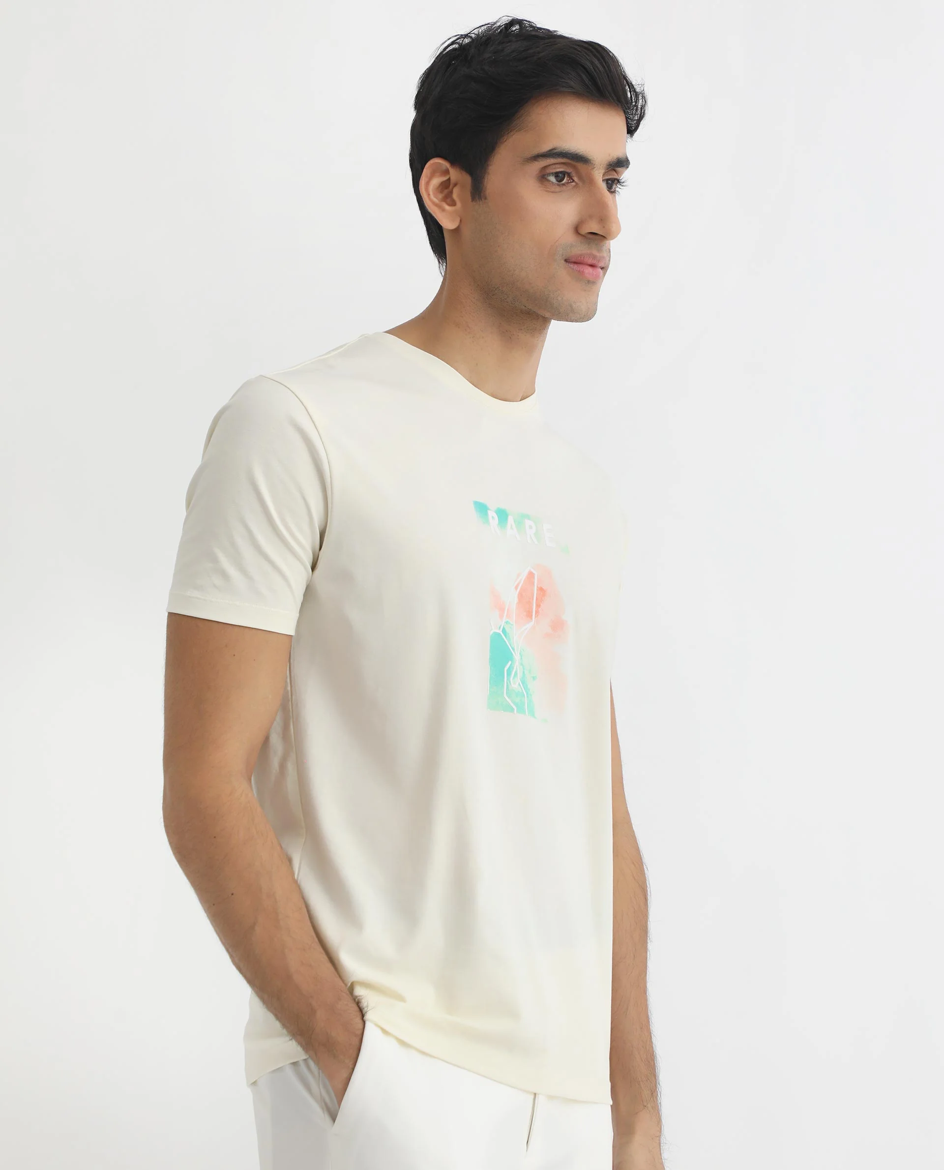 Rare Rabbit Men's Poet Pastel Yellow Cotton Graphic Print Slim Fit Half Sleeve Crew Neck T-Shirt - Image 4