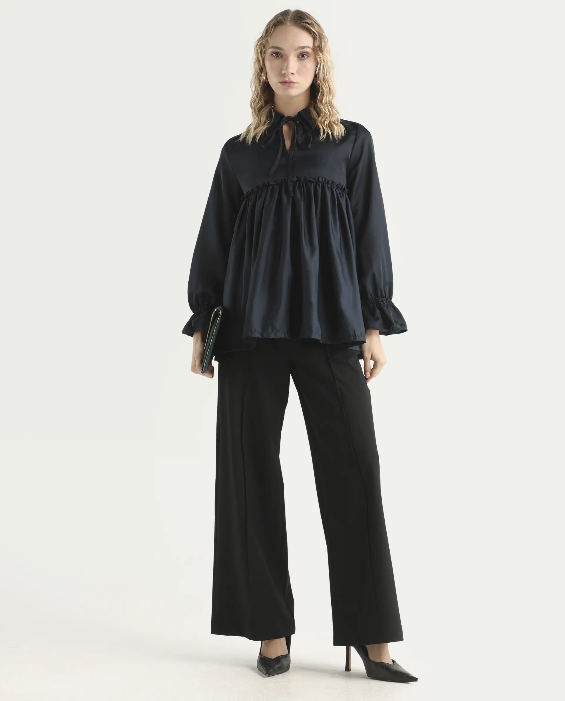 Rareism Women's Poet Petrol Polyester Tie-Up Neck Plain Ruffled Sleeve Relaxed Fit Top - Image 2