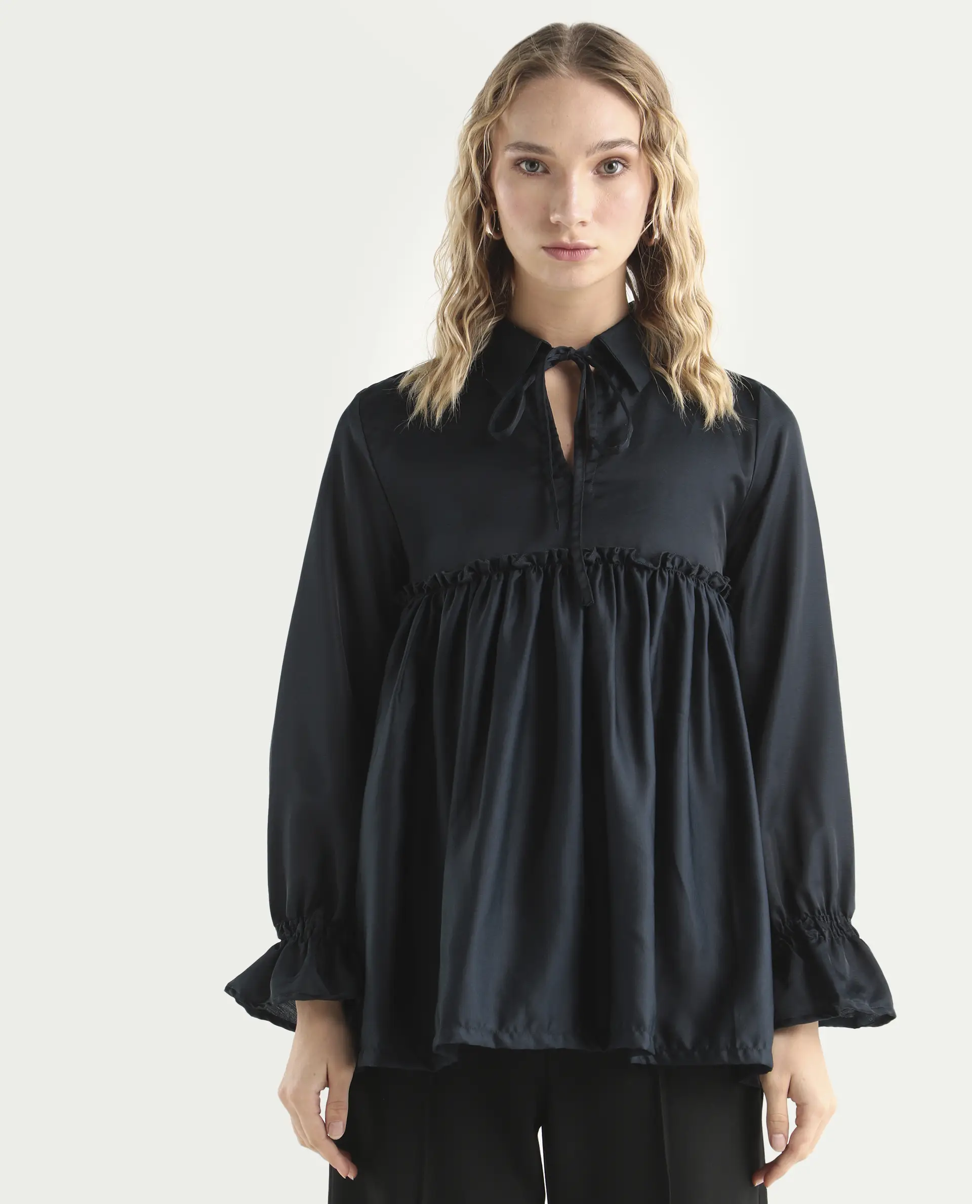 Rareism Women's Poet Petrol Polyester Tie-Up Neck Plain Ruffled Sleeve Relaxed Fit Top - Image 3