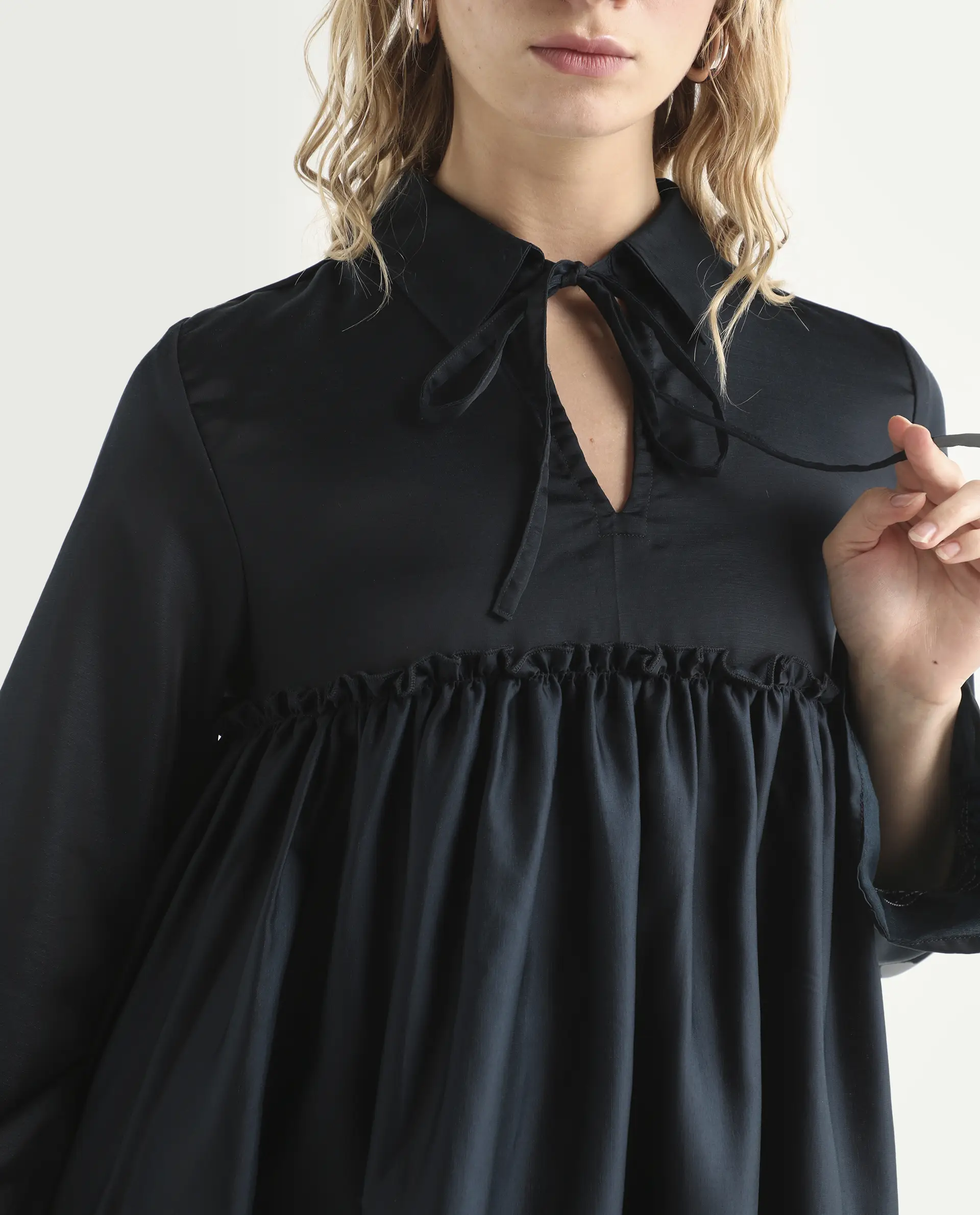 Rareism Women's Poet Petrol Polyester Tie-Up Neck Plain Ruffled Sleeve Relaxed Fit Top - Image 4