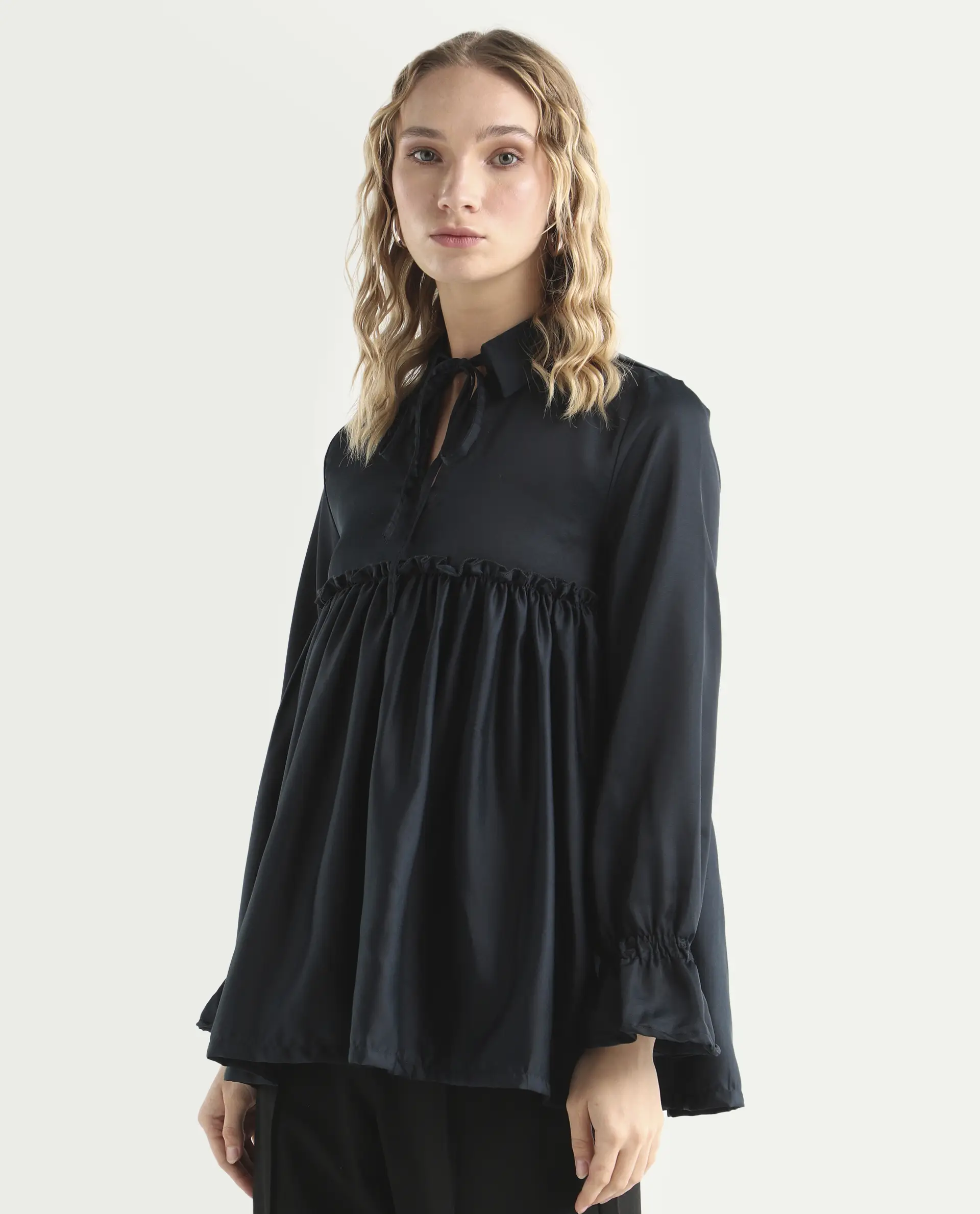Rareism Women's Poet Petrol Polyester Tie-Up Neck Plain Ruffled Sleeve Relaxed Fit Top - Image 5
