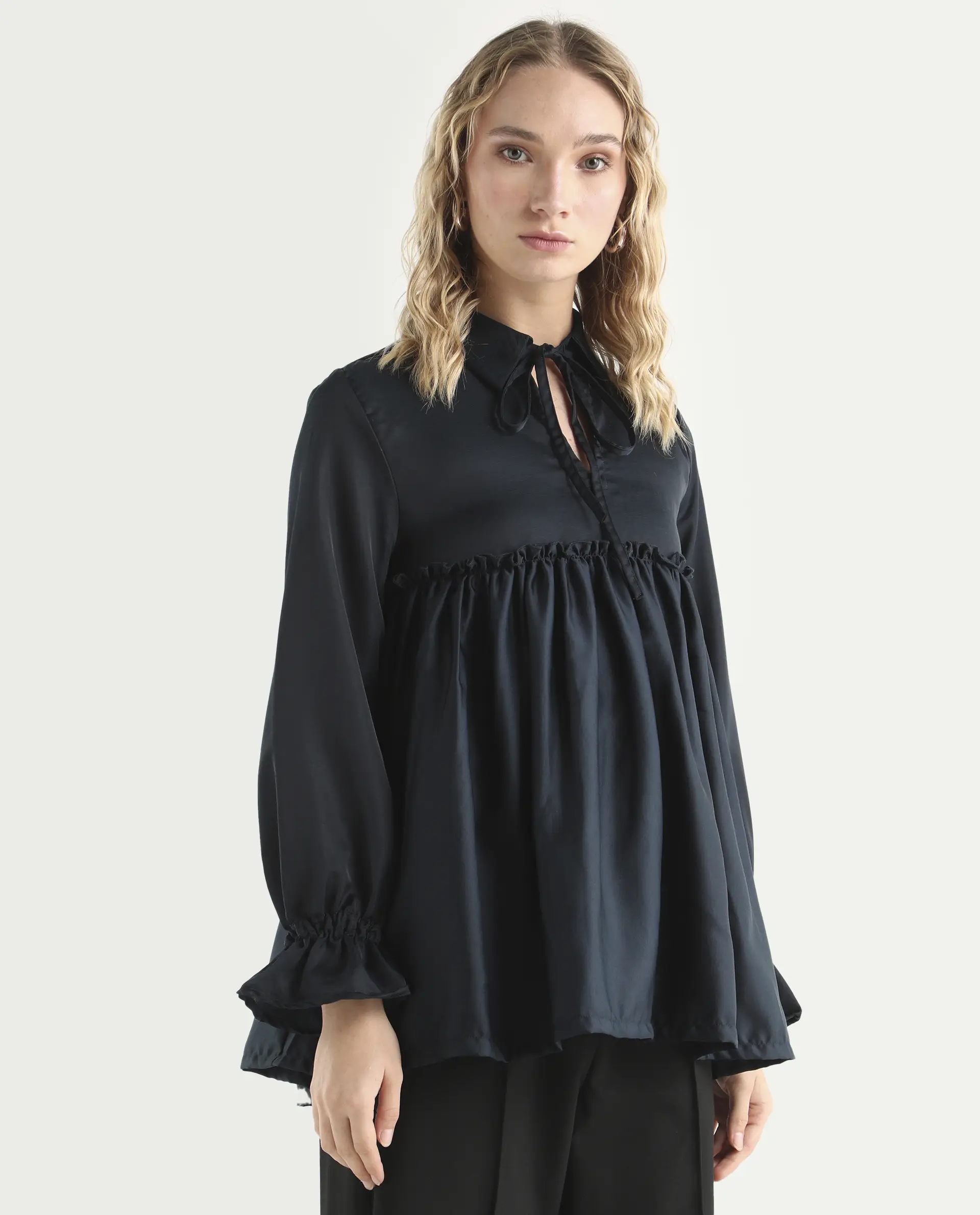Rareism Women's Poet Petrol Polyester Tie-Up Neck Plain Ruffled Sleeve Relaxed Fit Top - Image 6