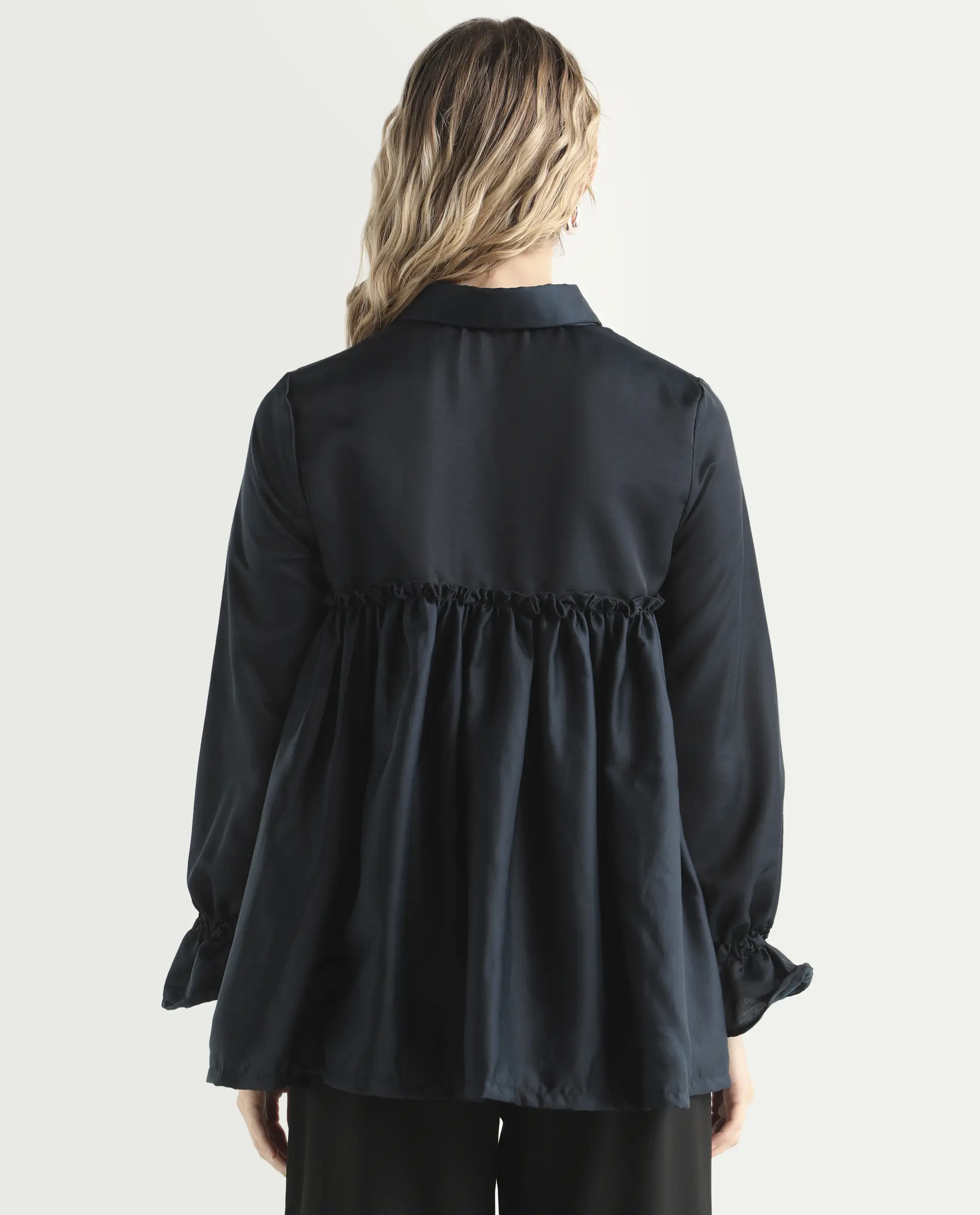 Rareism Women's Poet Petrol Polyester Tie-Up Neck Plain Ruffled Sleeve Relaxed Fit Top - Image 7