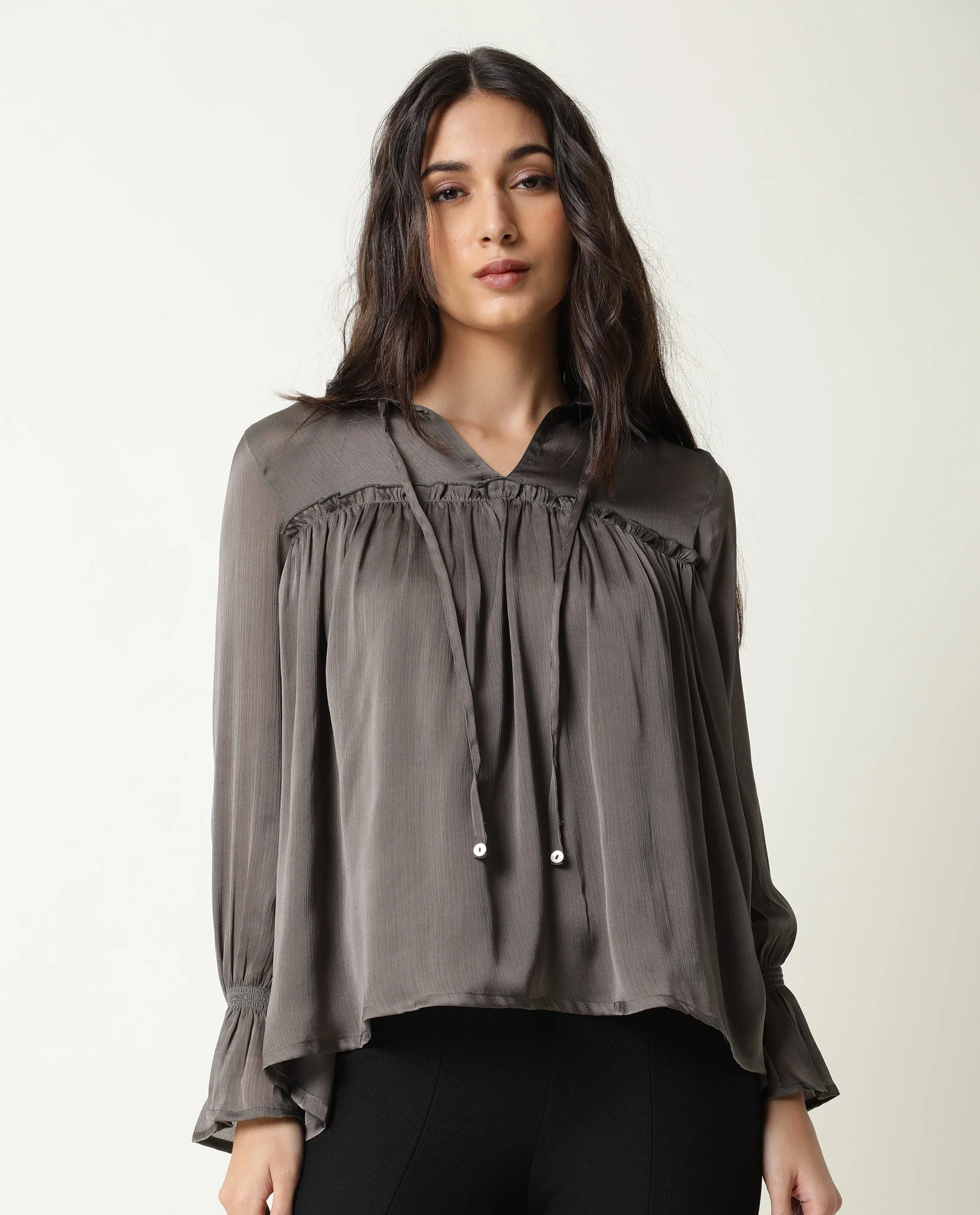 Rareism Women's Poetess Grey Tie-Up Neck Plain Knee Length Tailored Top