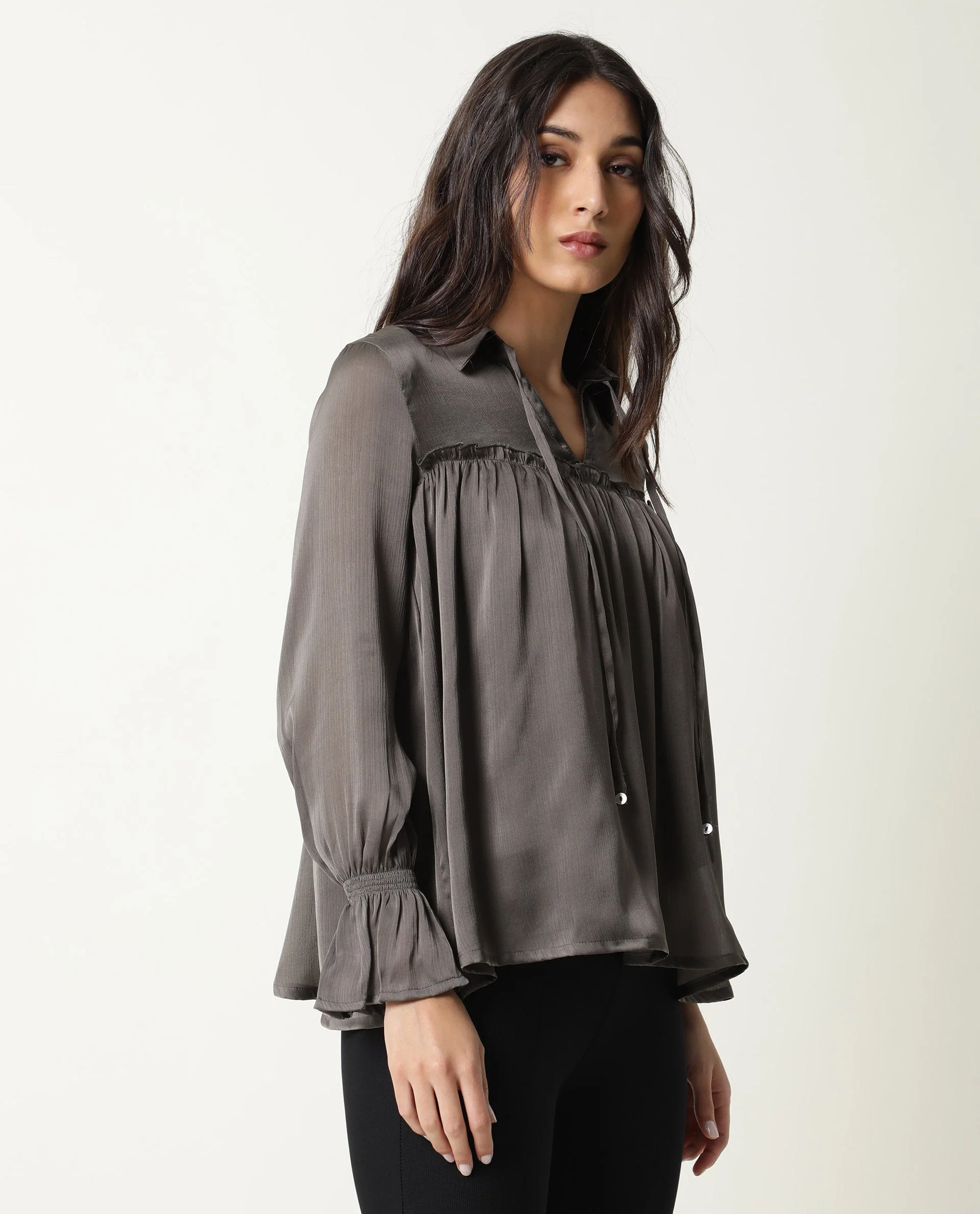 Rareism Women's Poetess Grey Tie-Up Neck Plain Knee Length Tailored Top - Image 7