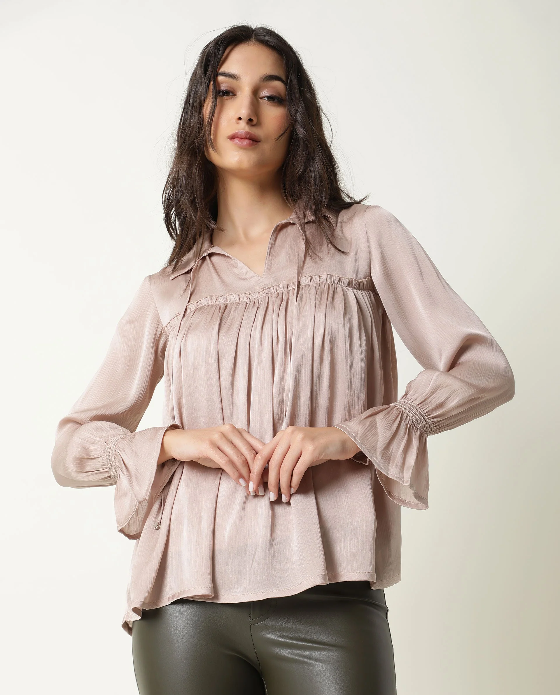 Rareism Women's Poetess Pink Polyester Spread Collar Plain Regular Fit Top - Image 2