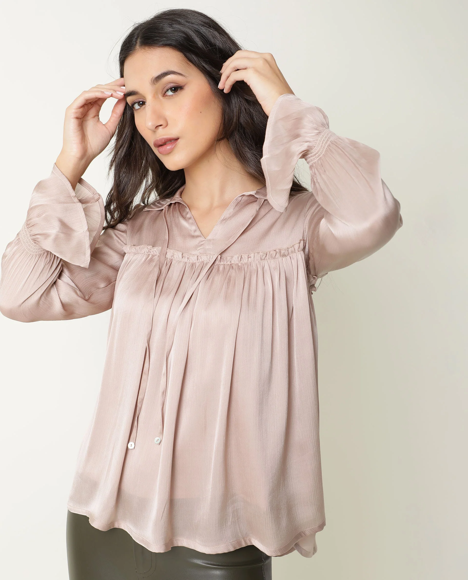 Rareism Women's Poetess Pink Polyester Spread Collar Plain Regular Fit Top - Image 6