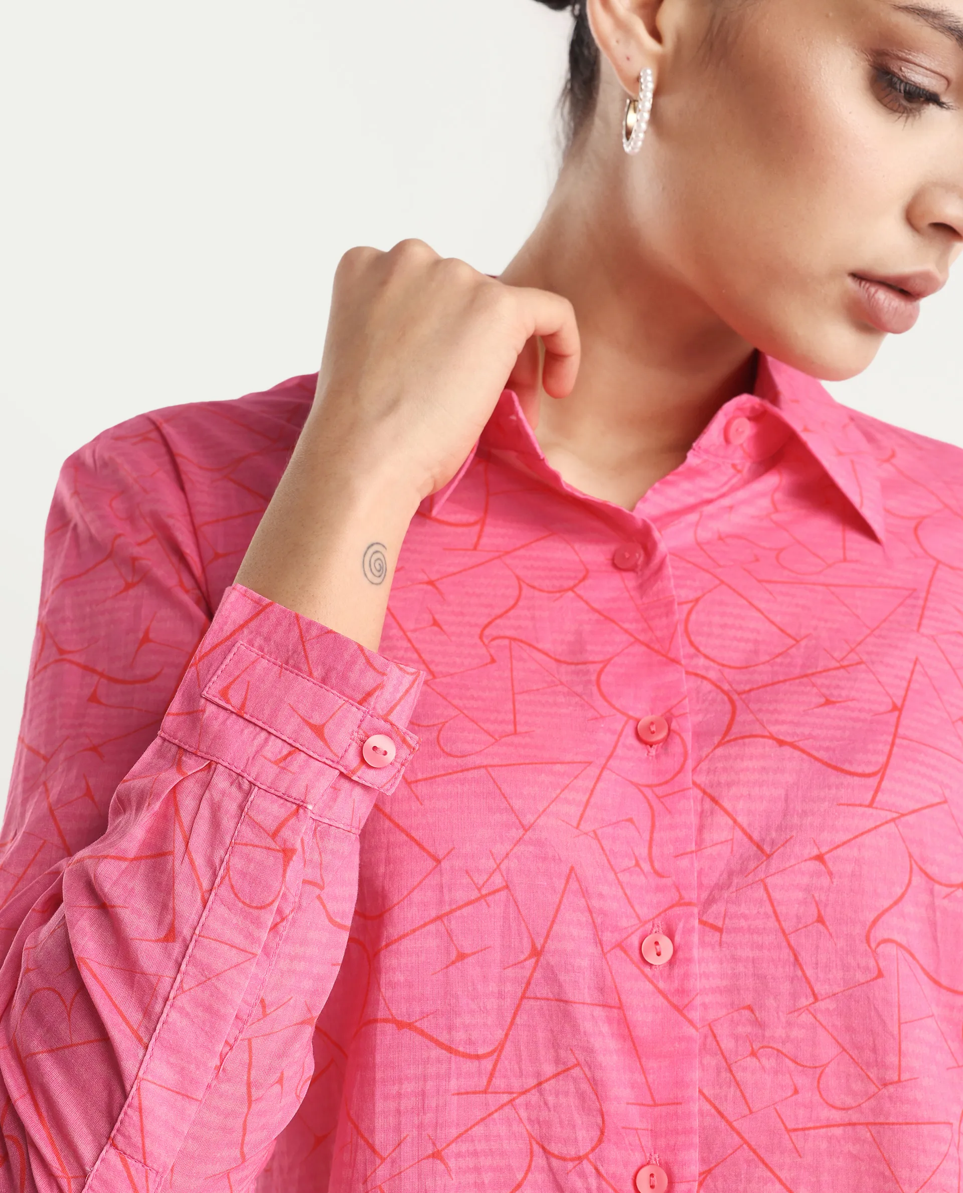 Rareism Women's Poiny Pink Cotton Spread Collar Monogram Print Cuffed Sleeve Regular Fit Top - Image 3