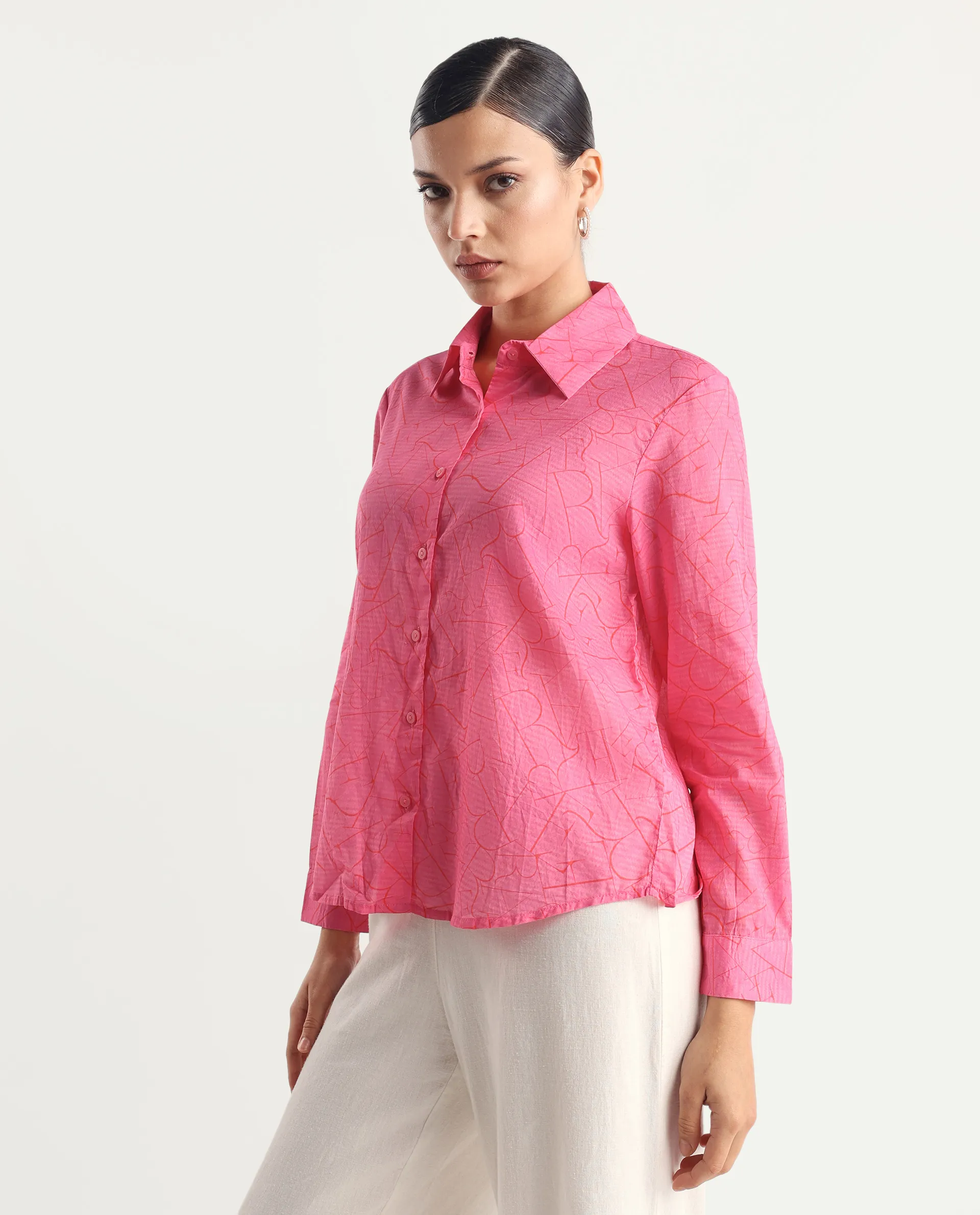 Rareism Women's Poiny Pink Cotton Spread Collar Monogram Print Cuffed Sleeve Regular Fit Top - Image 4