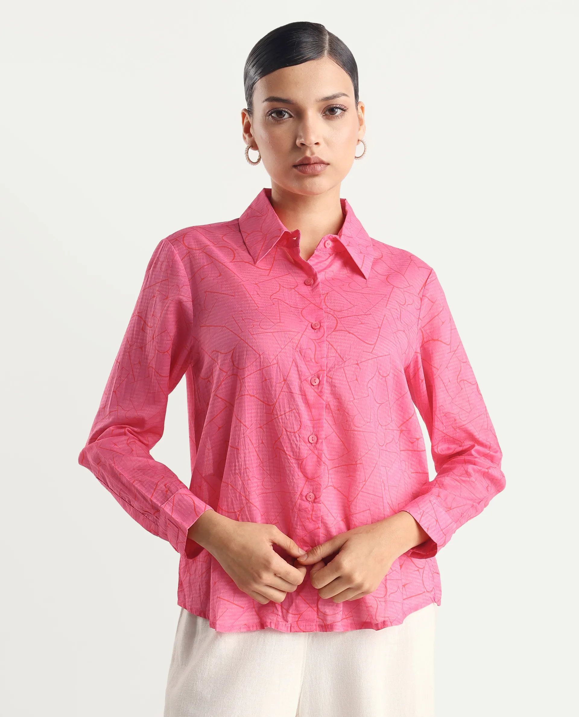 Rareism Women's Poiny Pink Cotton Spread Collar Monogram Print Cuffed Sleeve Regular Fit Top - Image 5