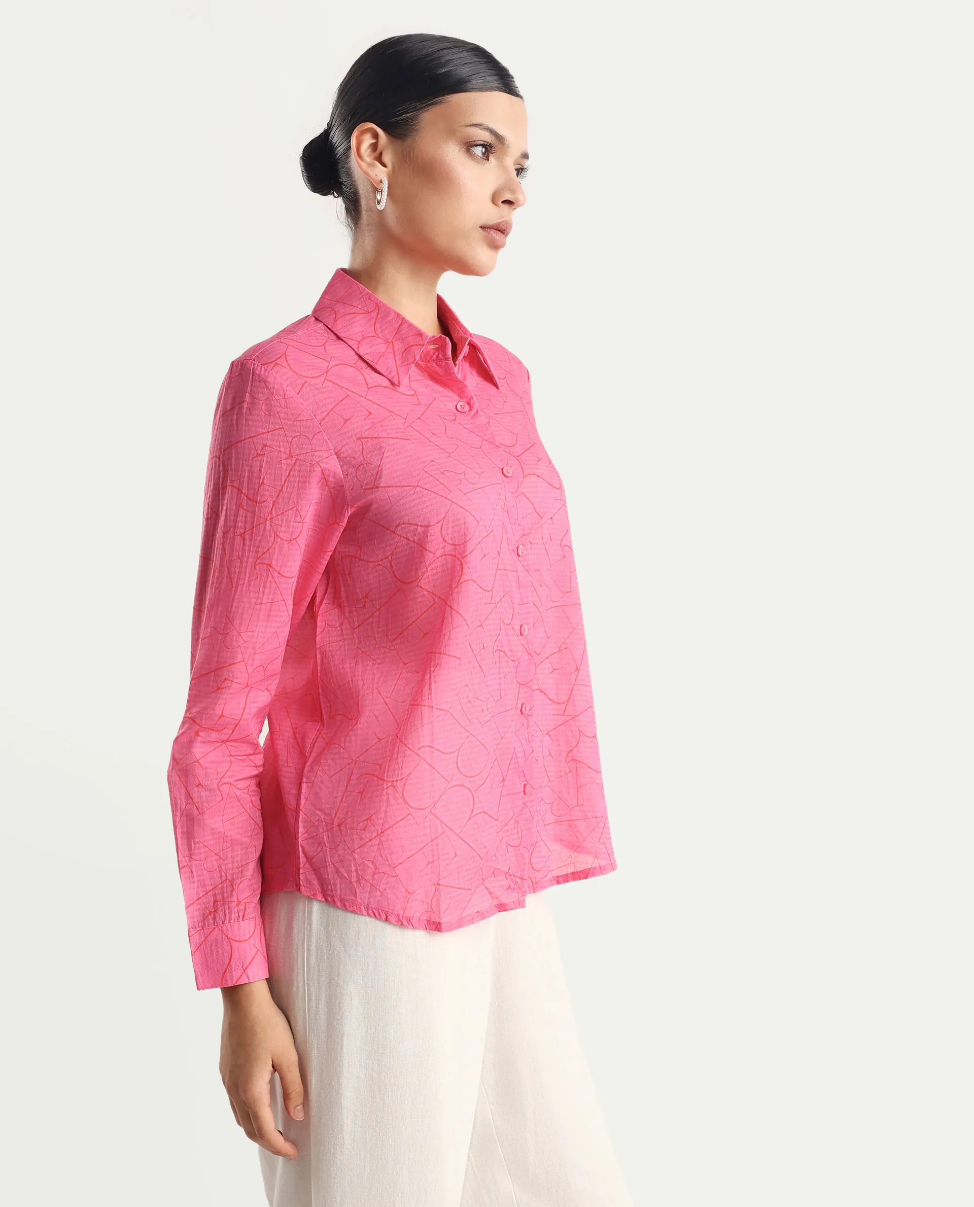 Rareism Women's Poiny Pink Cotton Spread Collar Monogram Print Cuffed Sleeve Regular Fit Top - Image 6