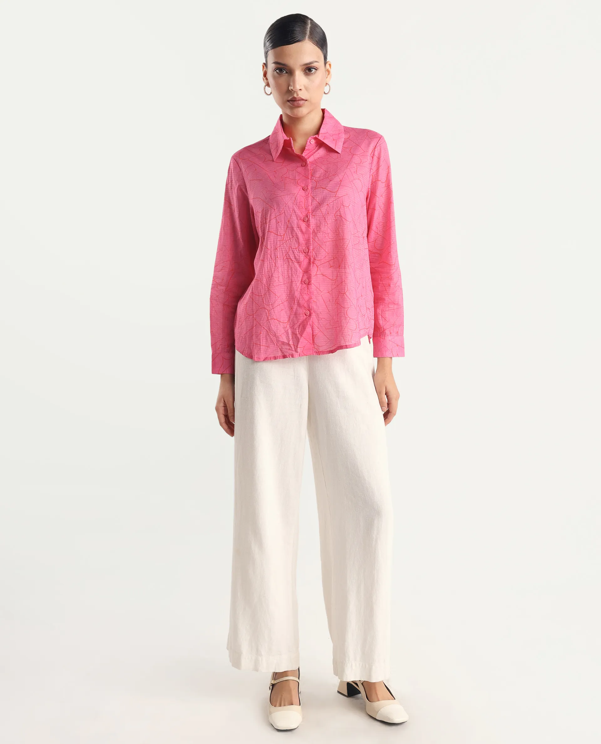 Rareism Women's Poiny Pink Cotton Spread Collar Monogram Print Cuffed Sleeve Regular Fit Top - Image 7
