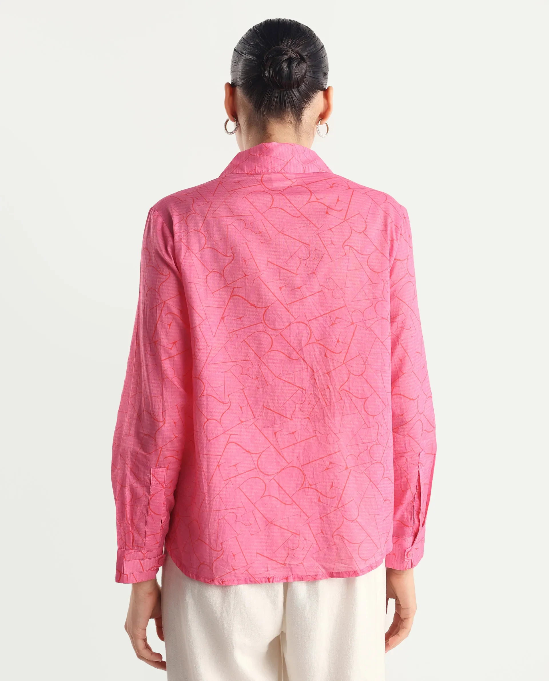 Rareism Women's Poiny Pink Cotton Spread Collar Monogram Print Cuffed Sleeve Regular Fit Top - Image 8