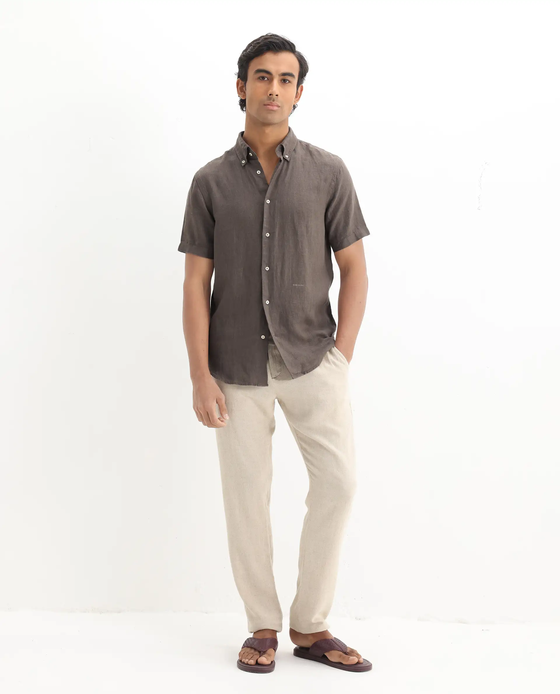 Rare Rabbit Men's Poist Dark Brown Linen Plain Regular Fit Half Sleeve Collared Shirt - Image 2