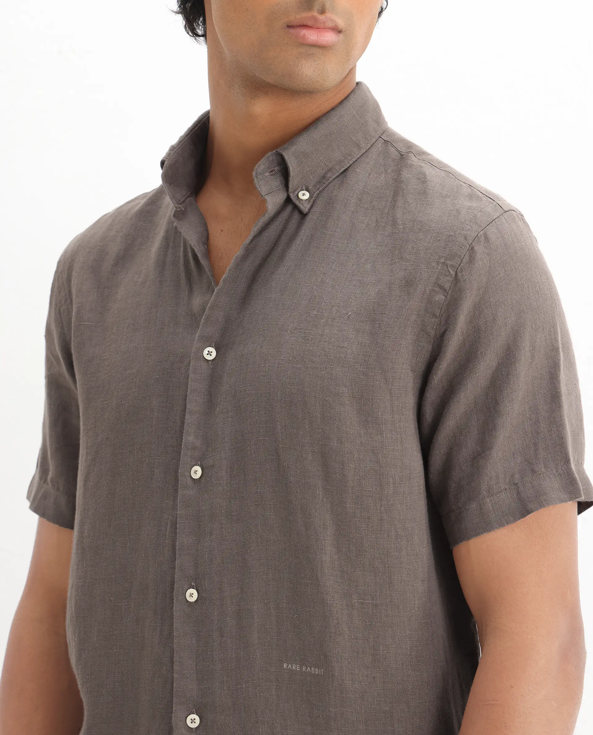 Rare Rabbit Men's Poist Dark Brown Linen Plain Regular Fit Half Sleeve Collared Shirt - Image 3