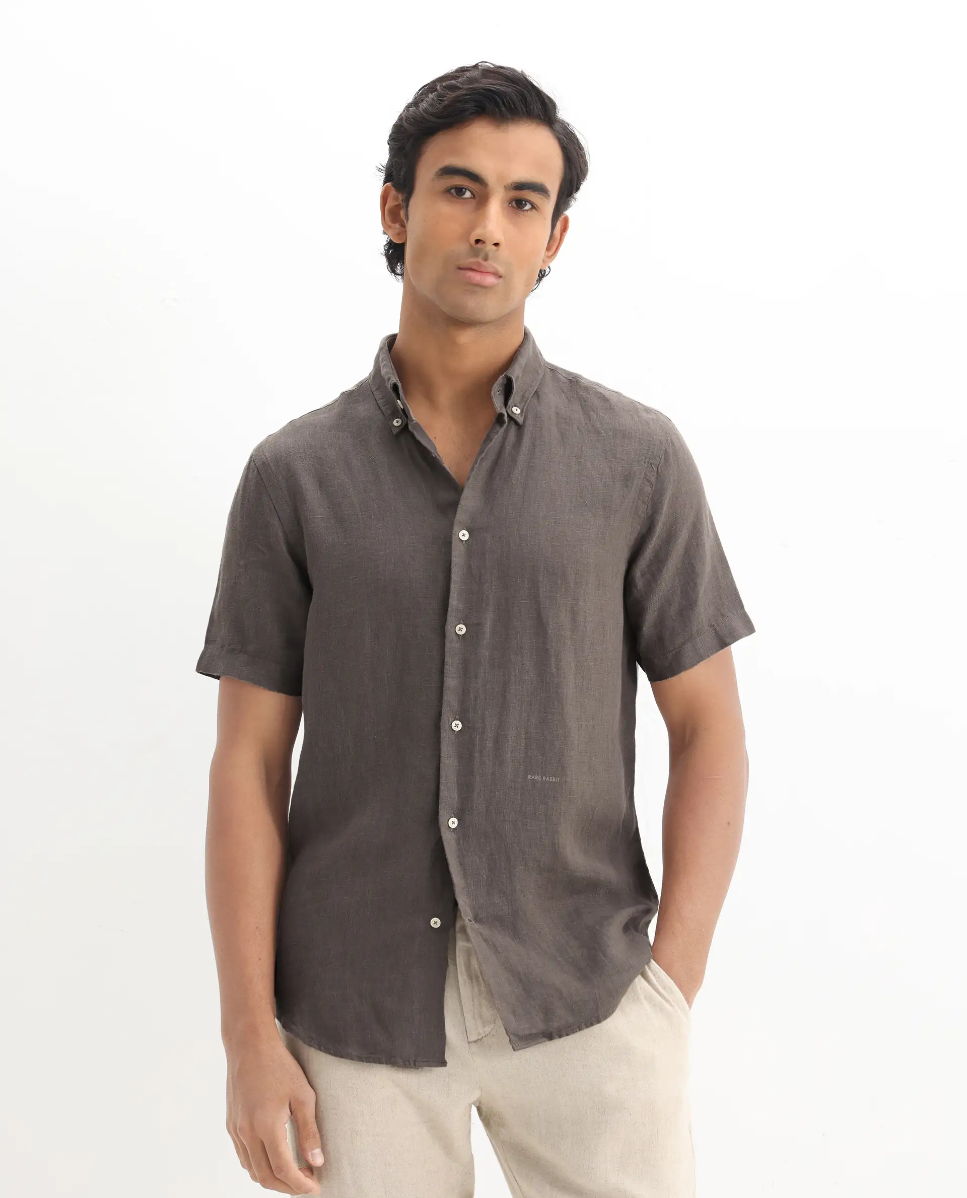 Rare Rabbit Men's Poist Dark Brown Linen Plain Regular Fit Half Sleeve Collared Shirt - Image 4