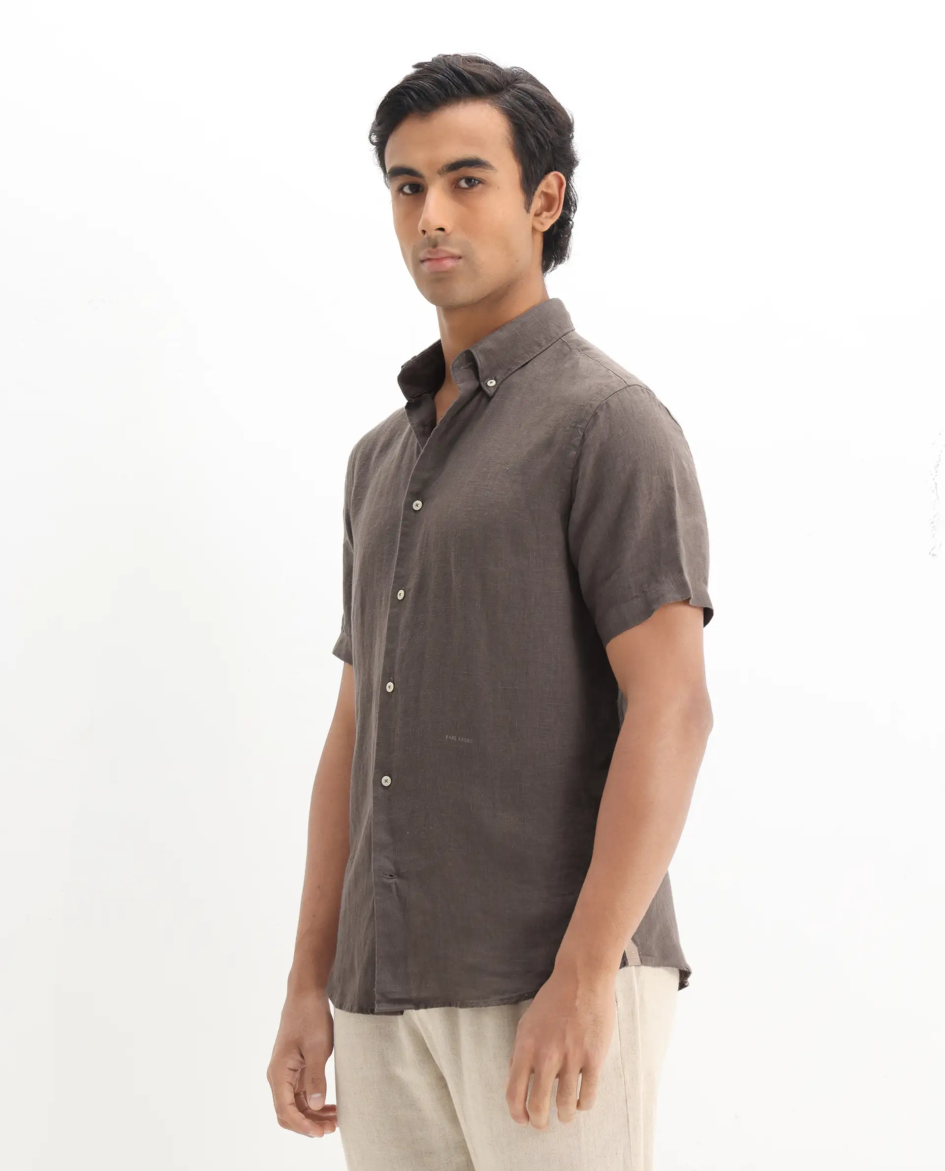 Rare Rabbit Men's Poist Dark Brown Linen Plain Regular Fit Half Sleeve Collared Shirt - Image 5