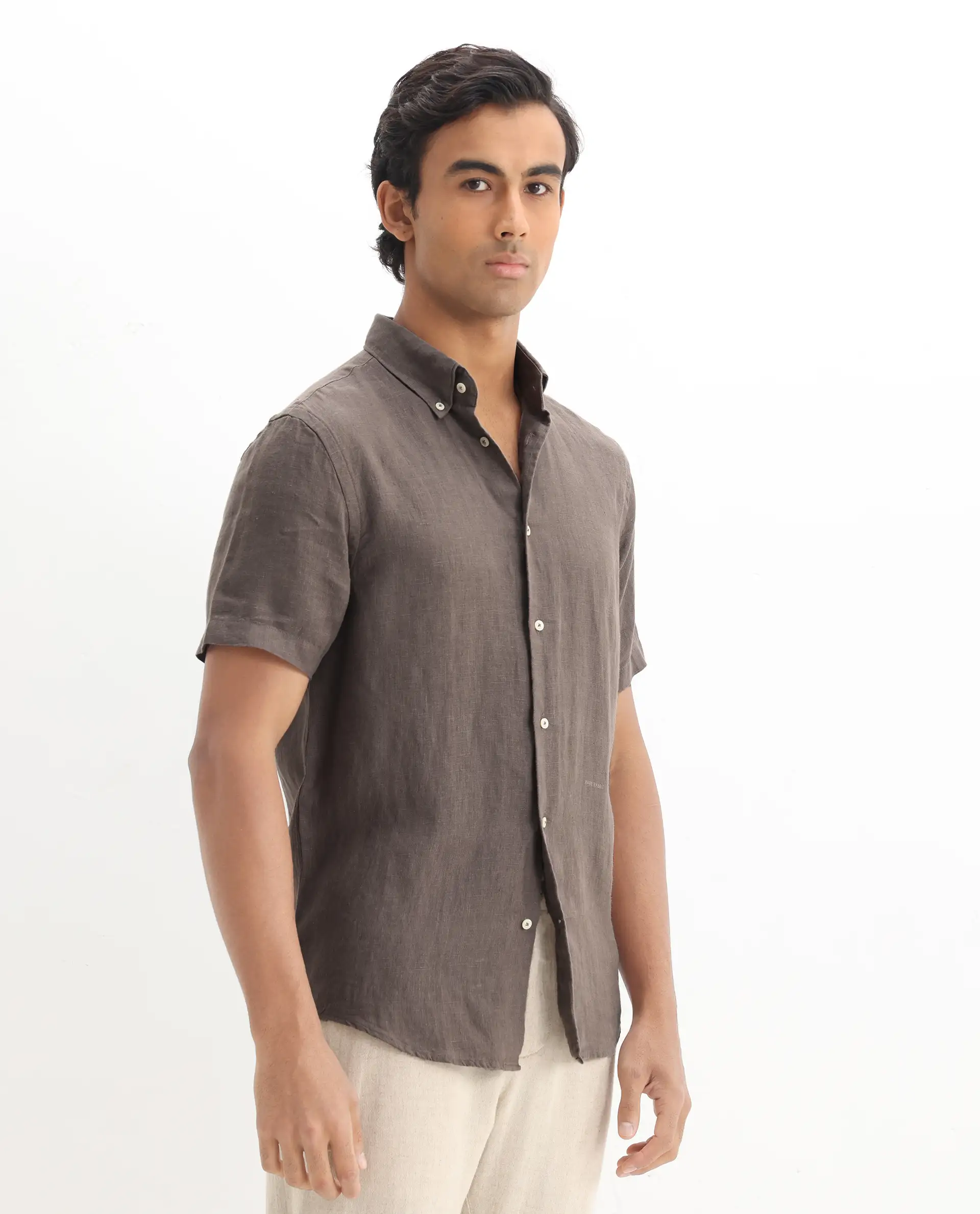 Rare Rabbit Men's Poist Dark Brown Linen Plain Regular Fit Half Sleeve Collared Shirt - Image 6