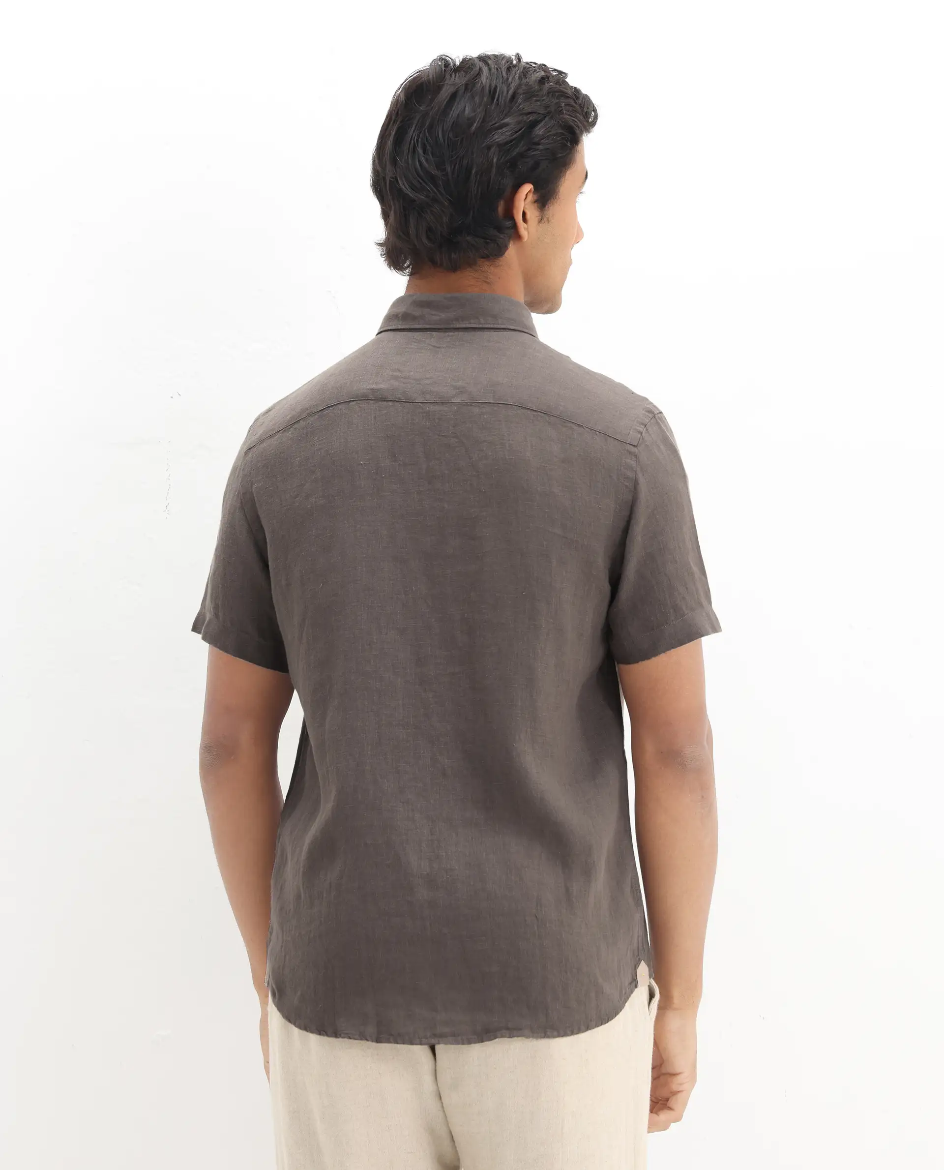 Rare Rabbit Men's Poist Dark Brown Linen Plain Regular Fit Half Sleeve Collared Shirt - Image 7