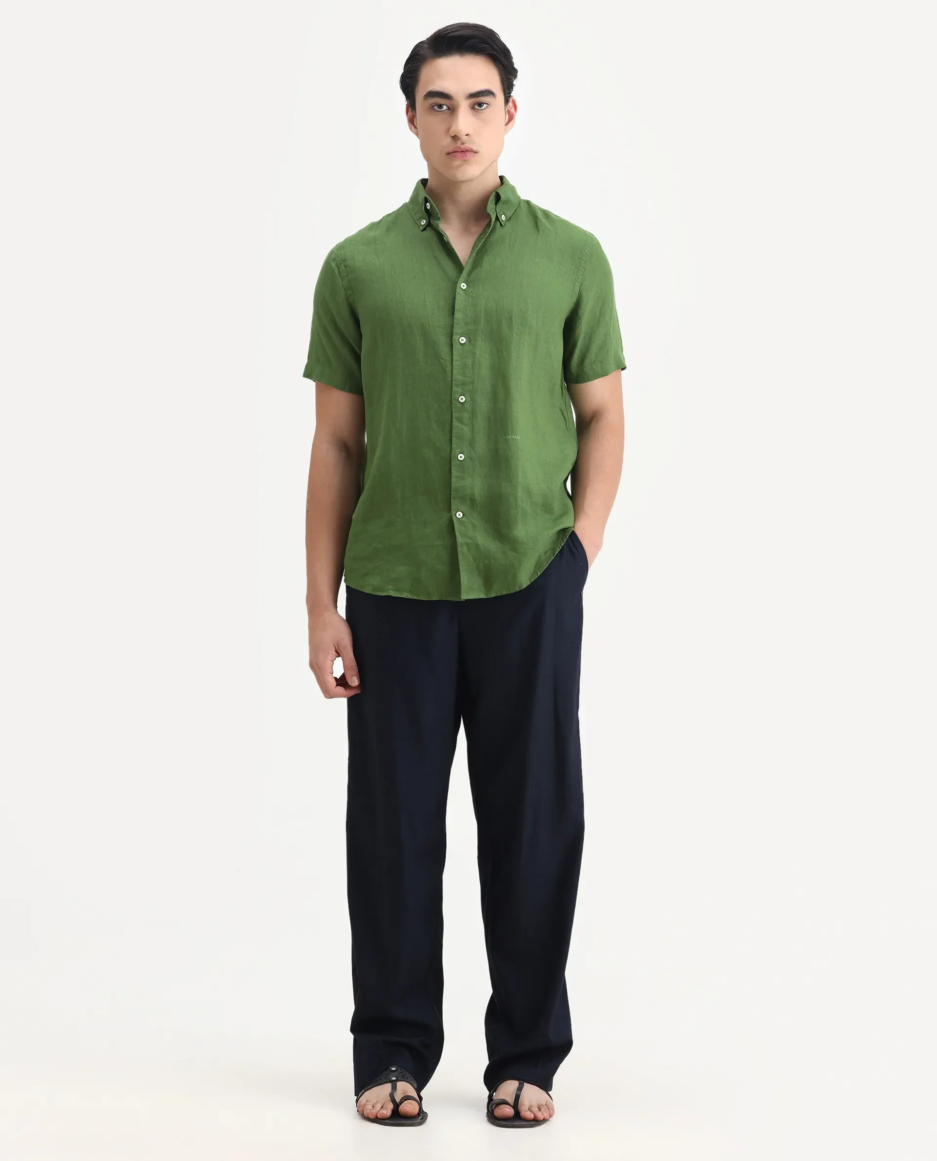 Rare Rabbit Men's Poist Jordin Linen Plain Regular Fit Half Sleeve Collared Shirt - Image 2