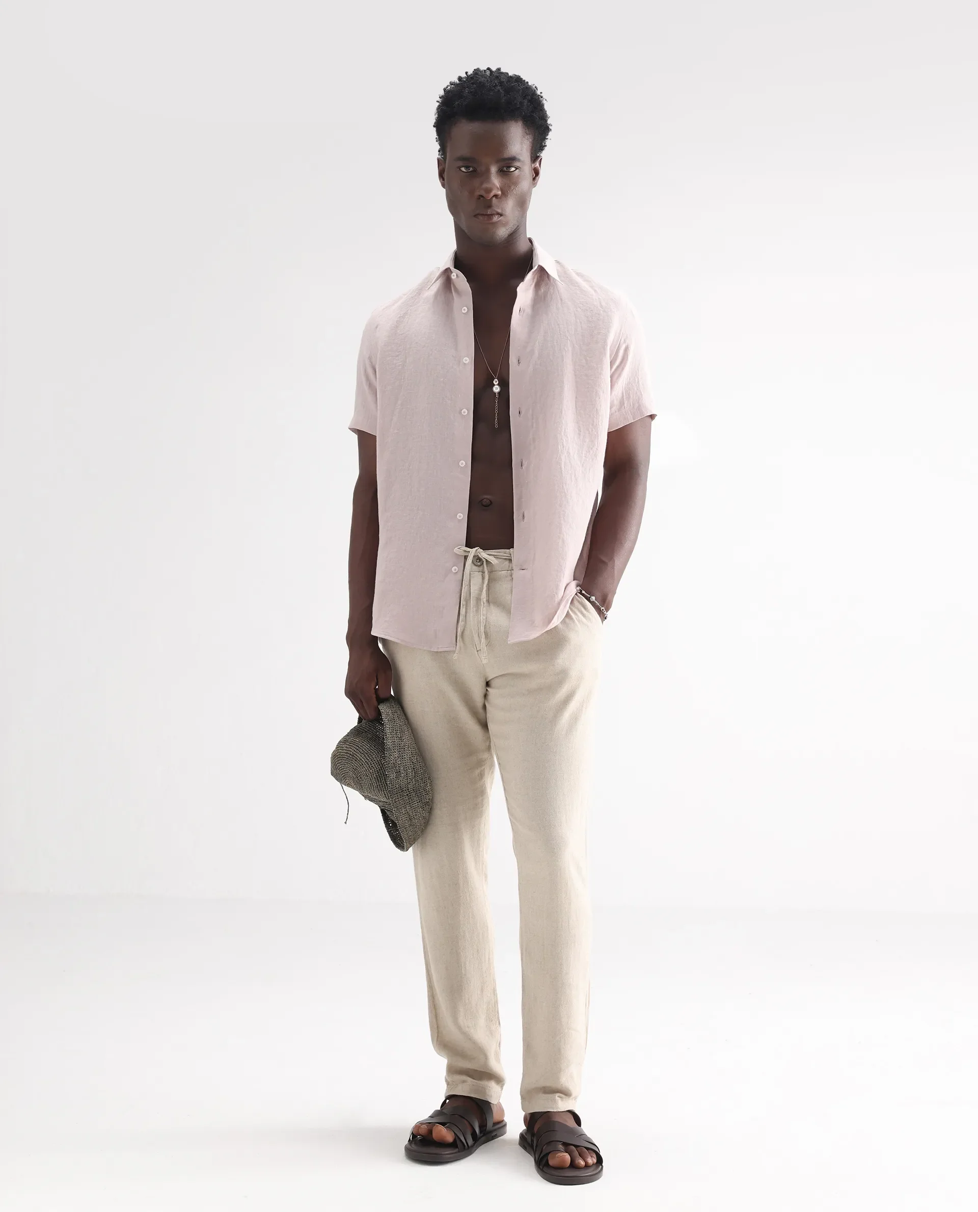 Rare Rabbit Men's Poist Dusky Pink 100% Linen Plain Regular Fit Half Sleeve Collared Shirt - Image 2