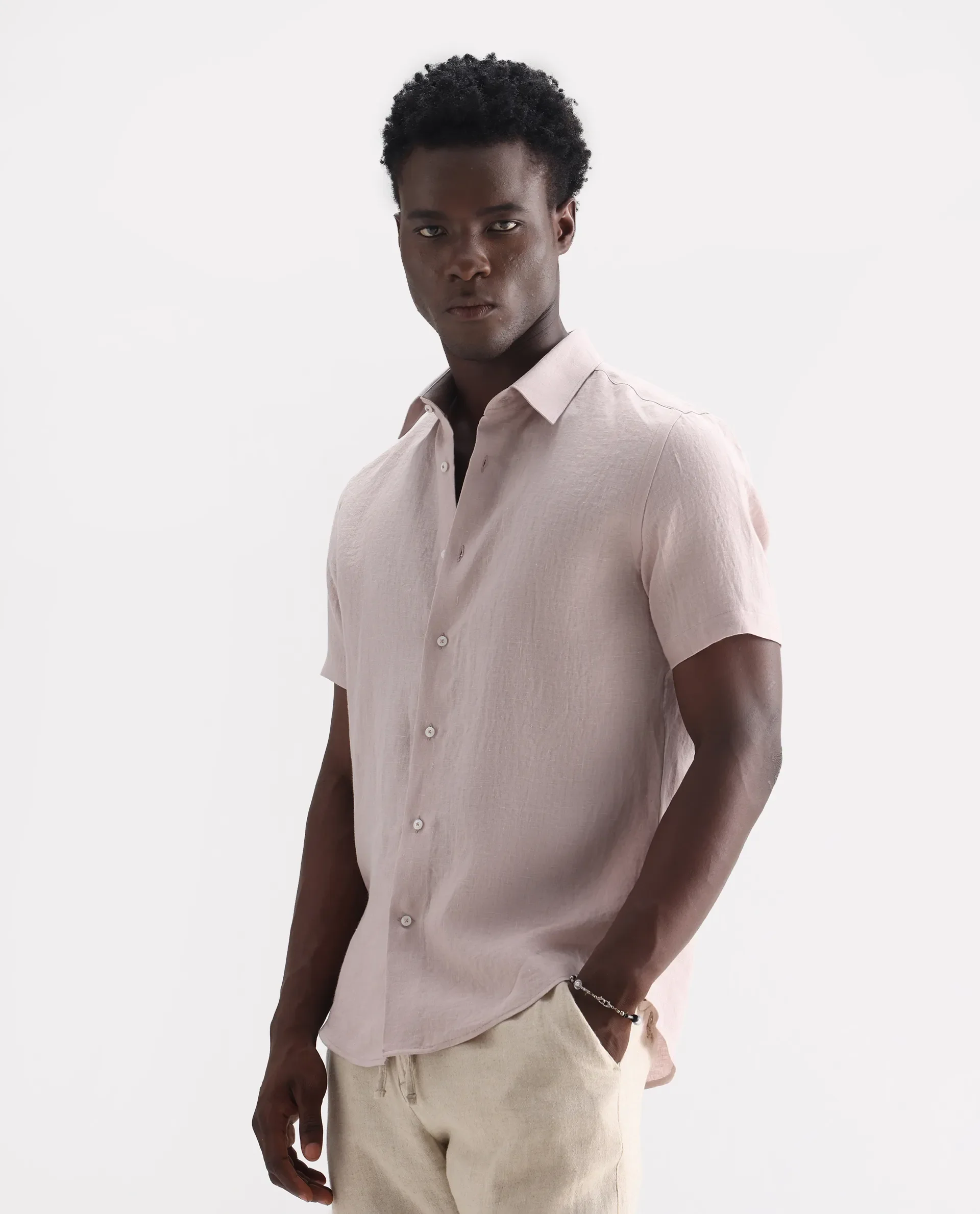 Rare Rabbit Men's Poist Dusky Pink 100% Linen Plain Regular Fit Half Sleeve Collared Shirt - Image 3