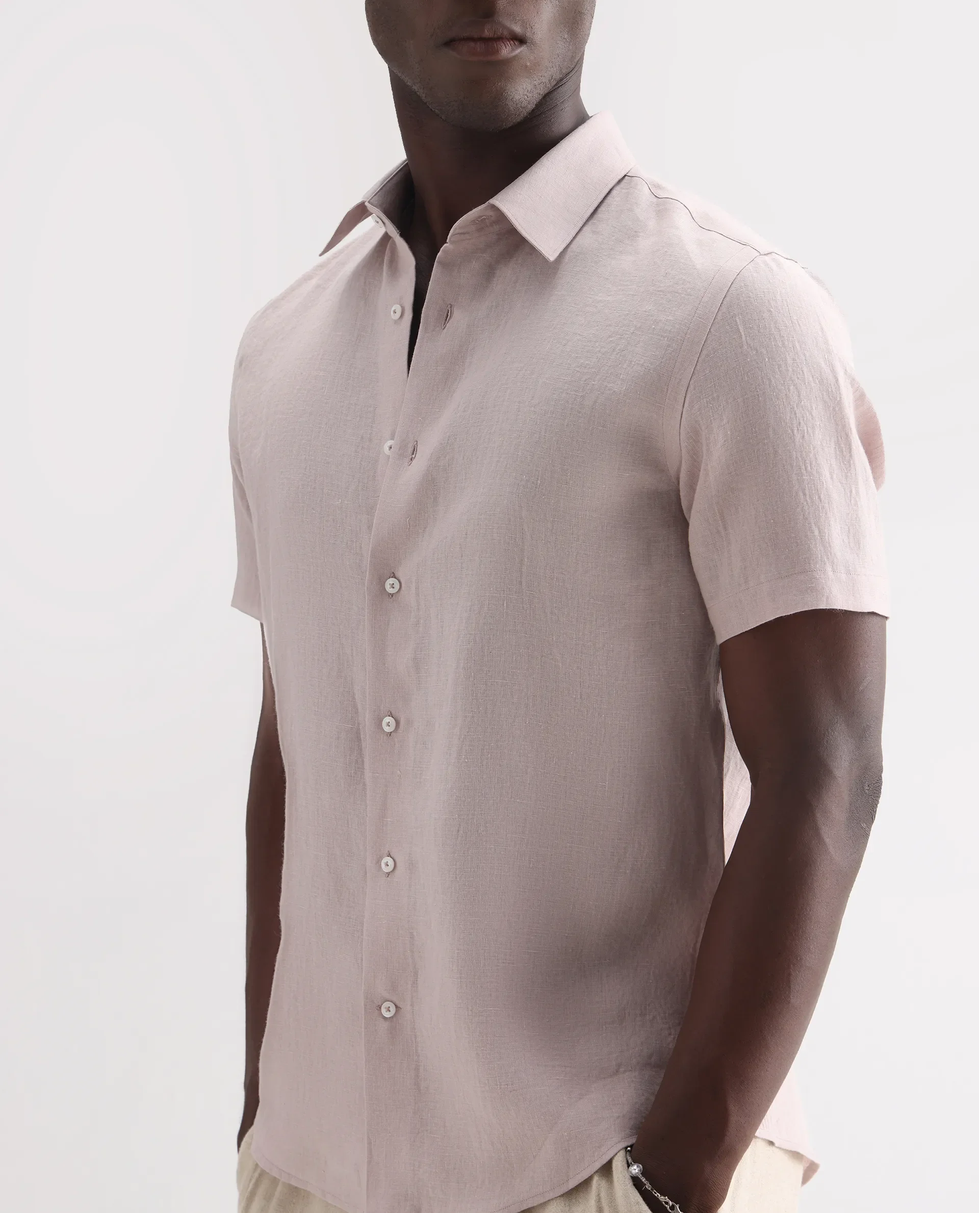Rare Rabbit Men's Poist Dusky Pink 100% Linen Plain Regular Fit Half Sleeve Collared Shirt - Image 5