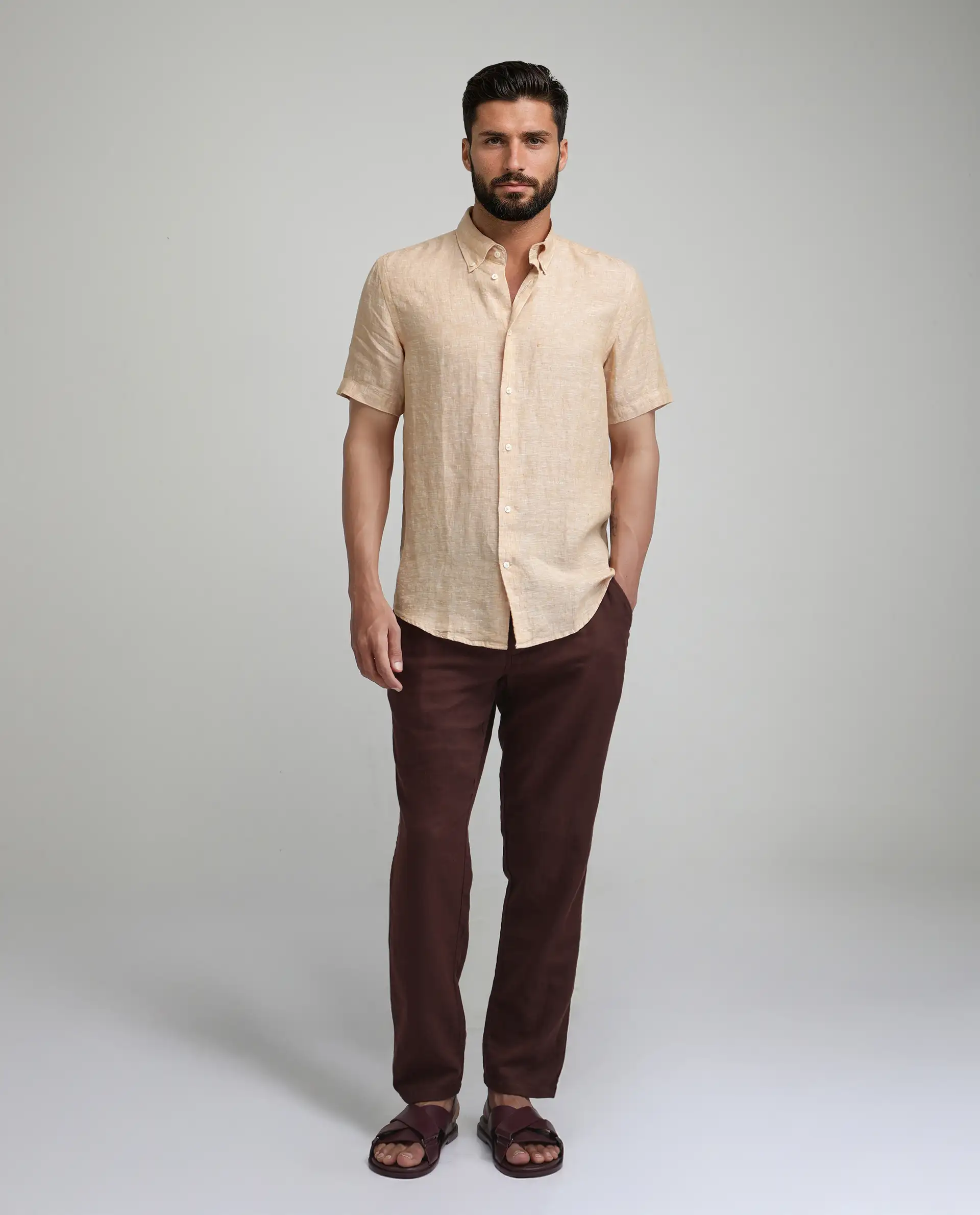Rare Rabbit Men's Poist Dusky Yellow Linen Plain Regular Fit Half Sleeve Collared Shirt - Image 2