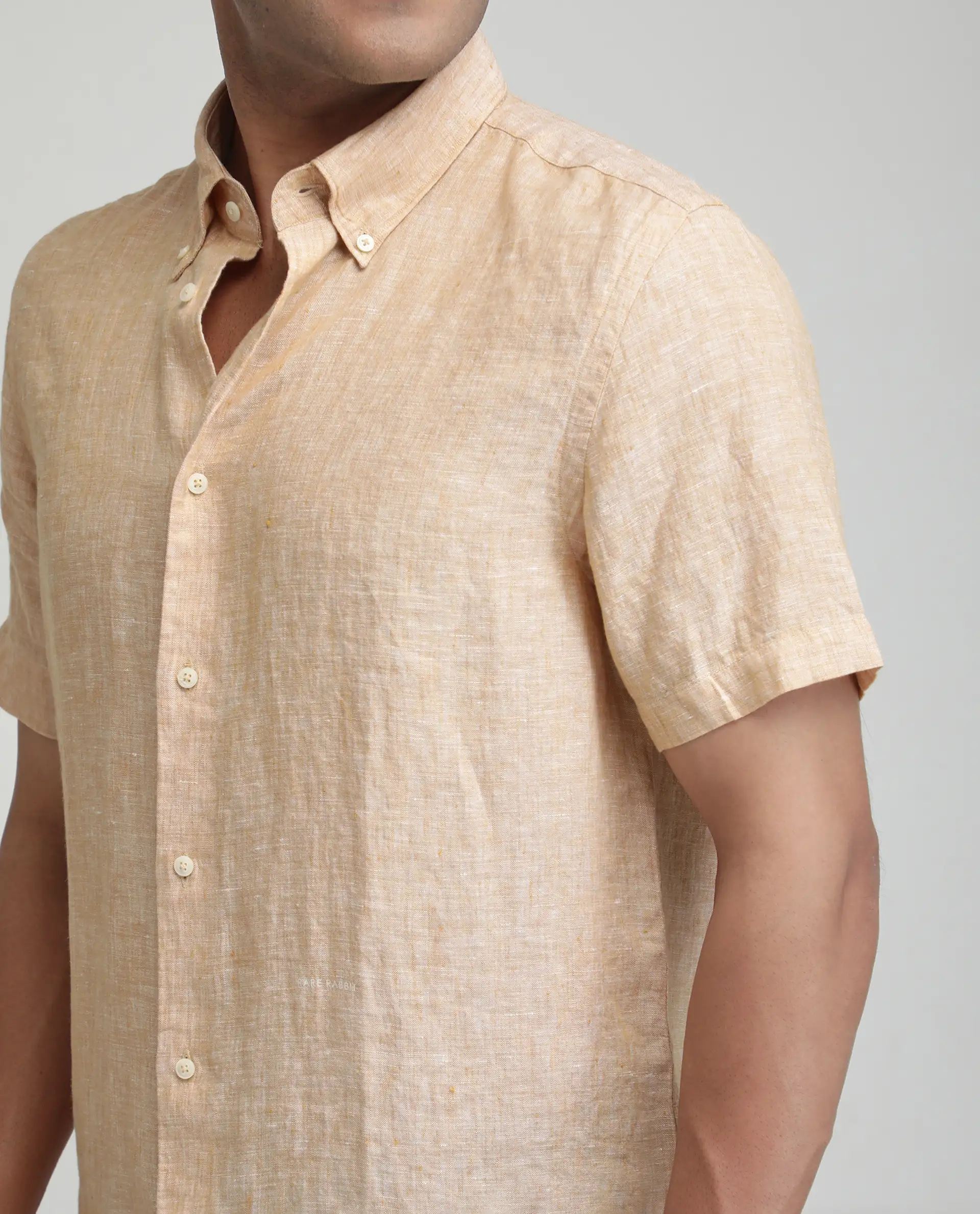 Rare Rabbit Men's Poist Dusky Yellow Linen Plain Regular Fit Half Sleeve Collared Shirt - Image 3