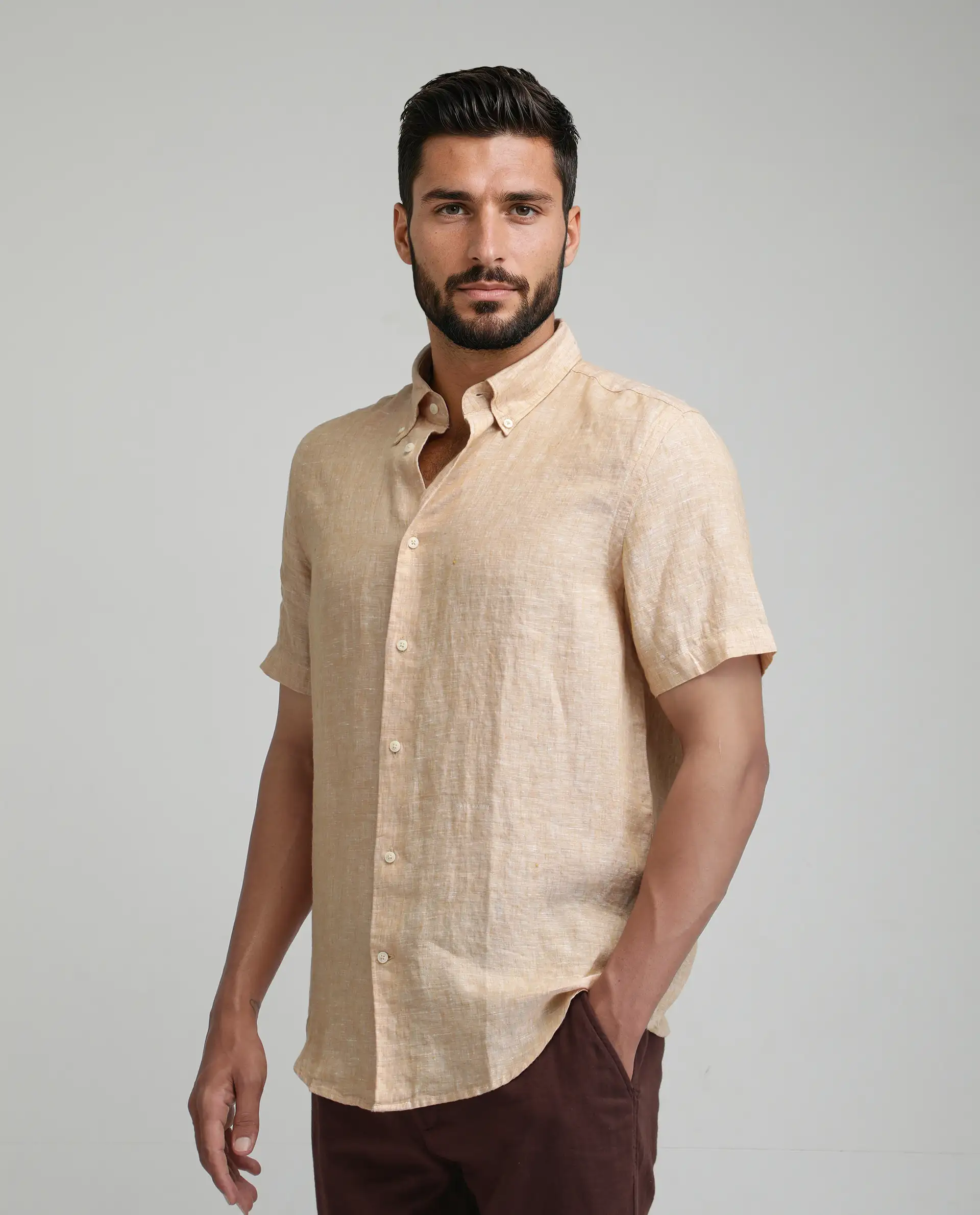 Rare Rabbit Men's Poist Dusky Yellow Linen Plain Regular Fit Half Sleeve Collared Shirt - Image 4