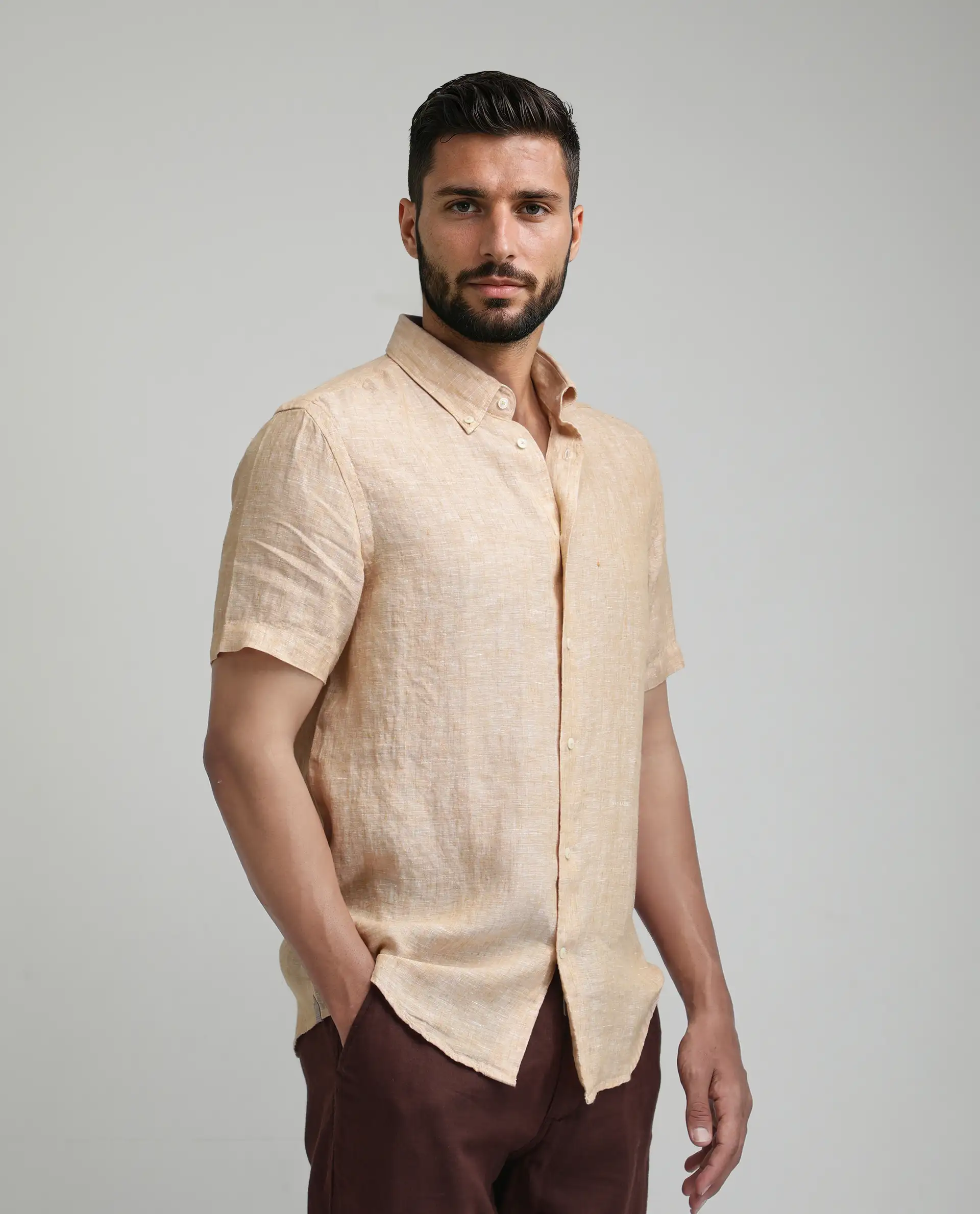 Rare Rabbit Men's Poist Dusky Yellow Linen Plain Regular Fit Half Sleeve Collared Shirt - Image 5