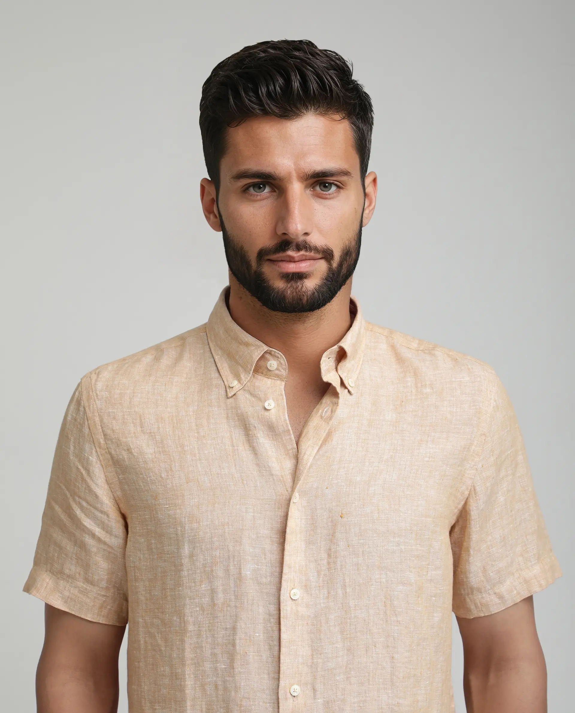 Rare Rabbit Men's Poist Dusky Yellow Linen Plain Regular Fit Half Sleeve Collared Shirt - Image 6