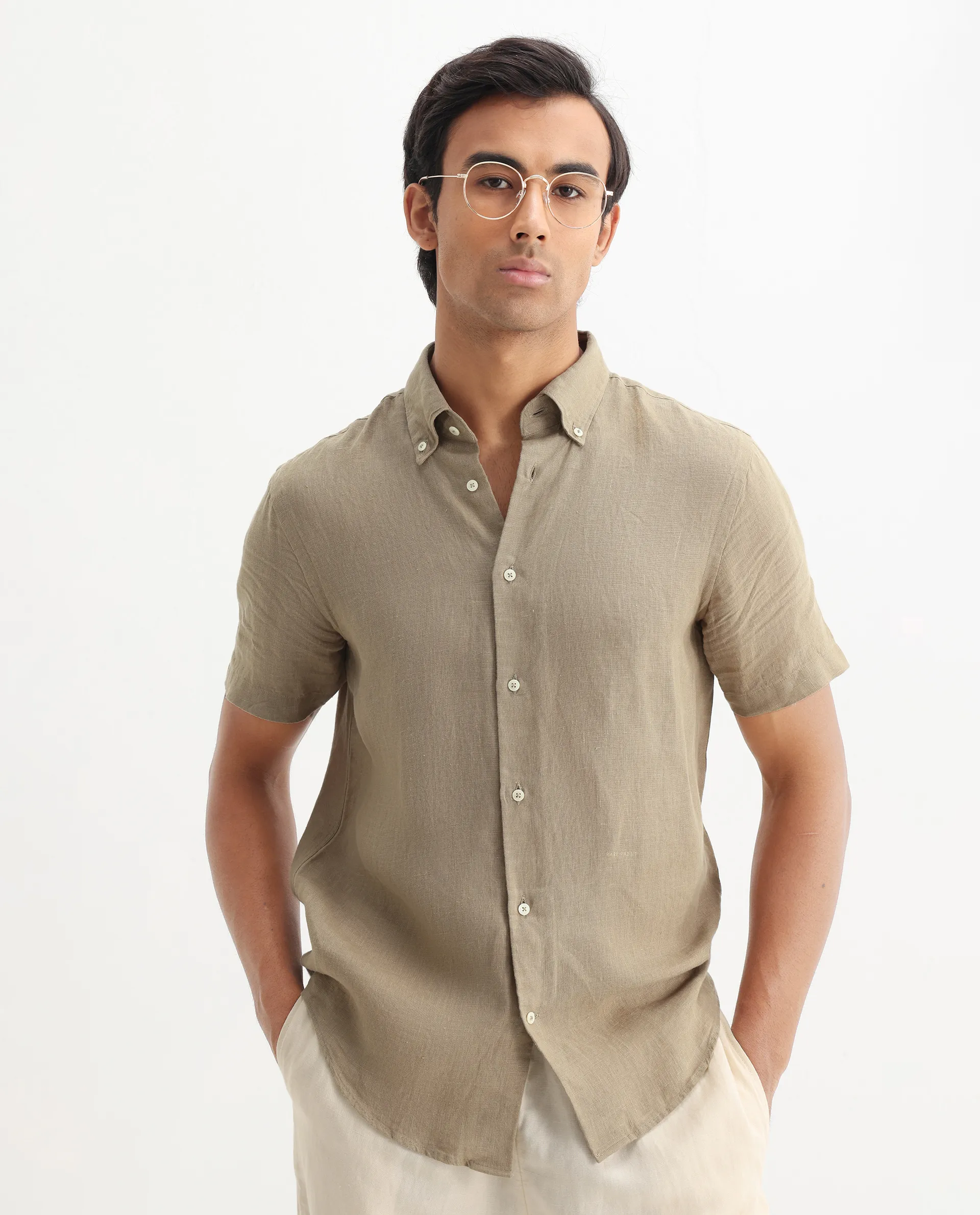 Rare Rabbit Men's Poist Khaki Linen Plain Regular Fit Half Sleeve Collared Shirt