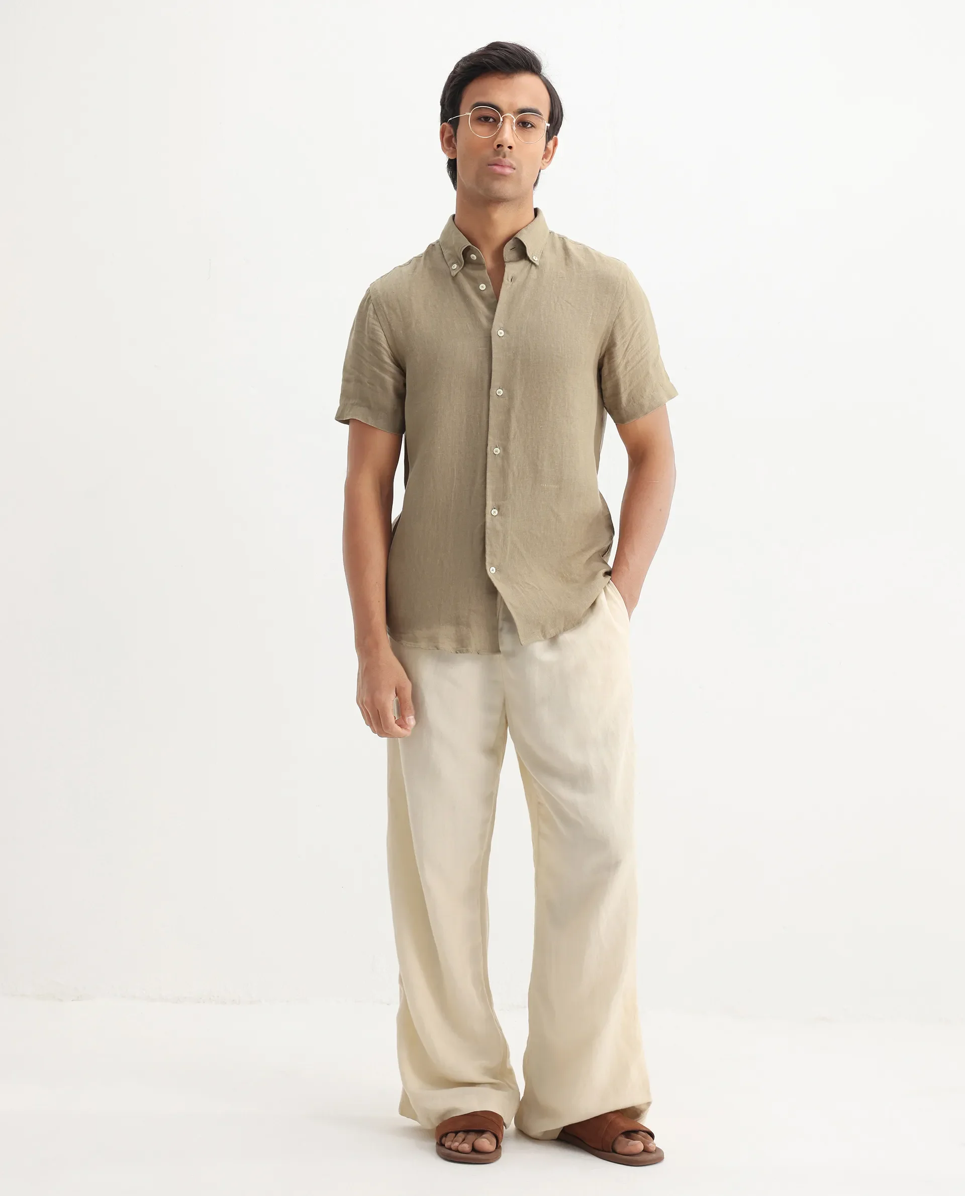 Rare Rabbit Men's Poist Khaki Linen Plain Regular Fit Half Sleeve Collared Shirt - Image 2