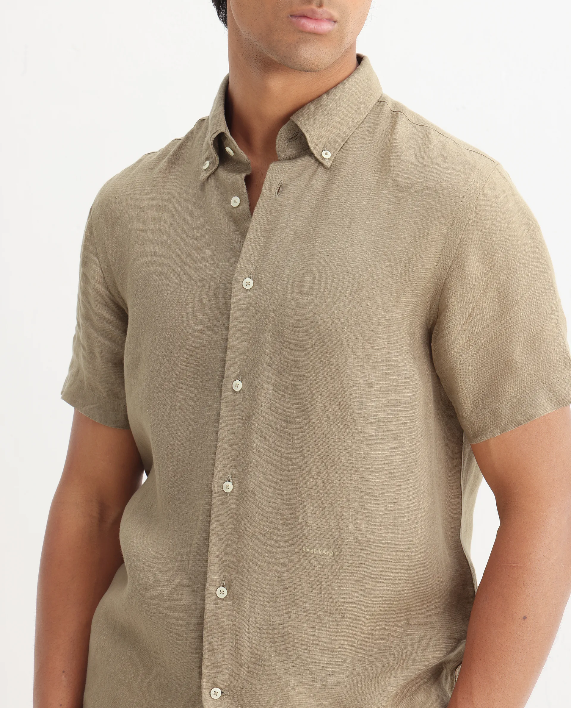 Rare Rabbit Men's Poist Khaki Linen Plain Regular Fit Half Sleeve Collared Shirt - Image 3