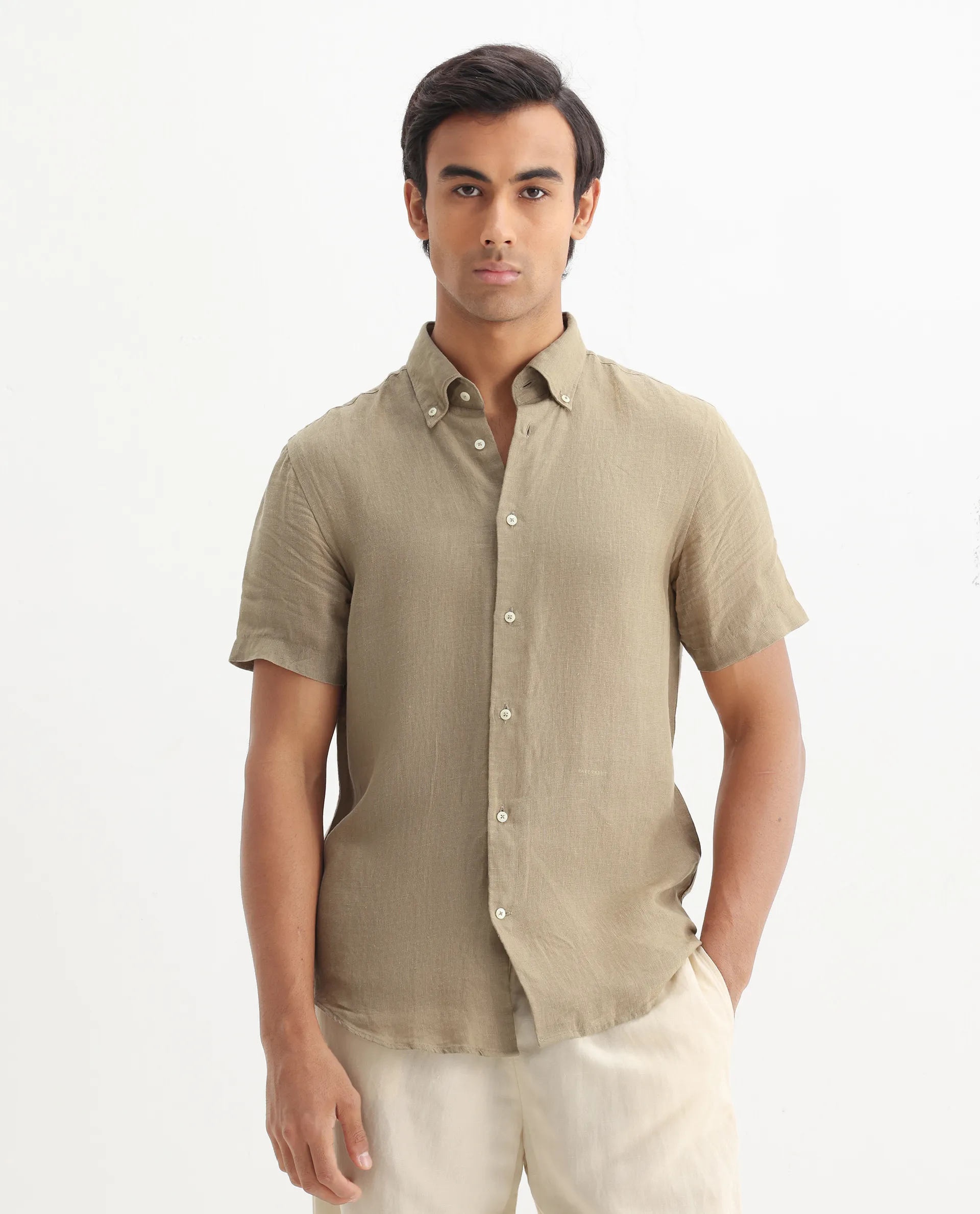 Rare Rabbit Men's Poist Khaki Linen Plain Regular Fit Half Sleeve Collared Shirt - Image 4