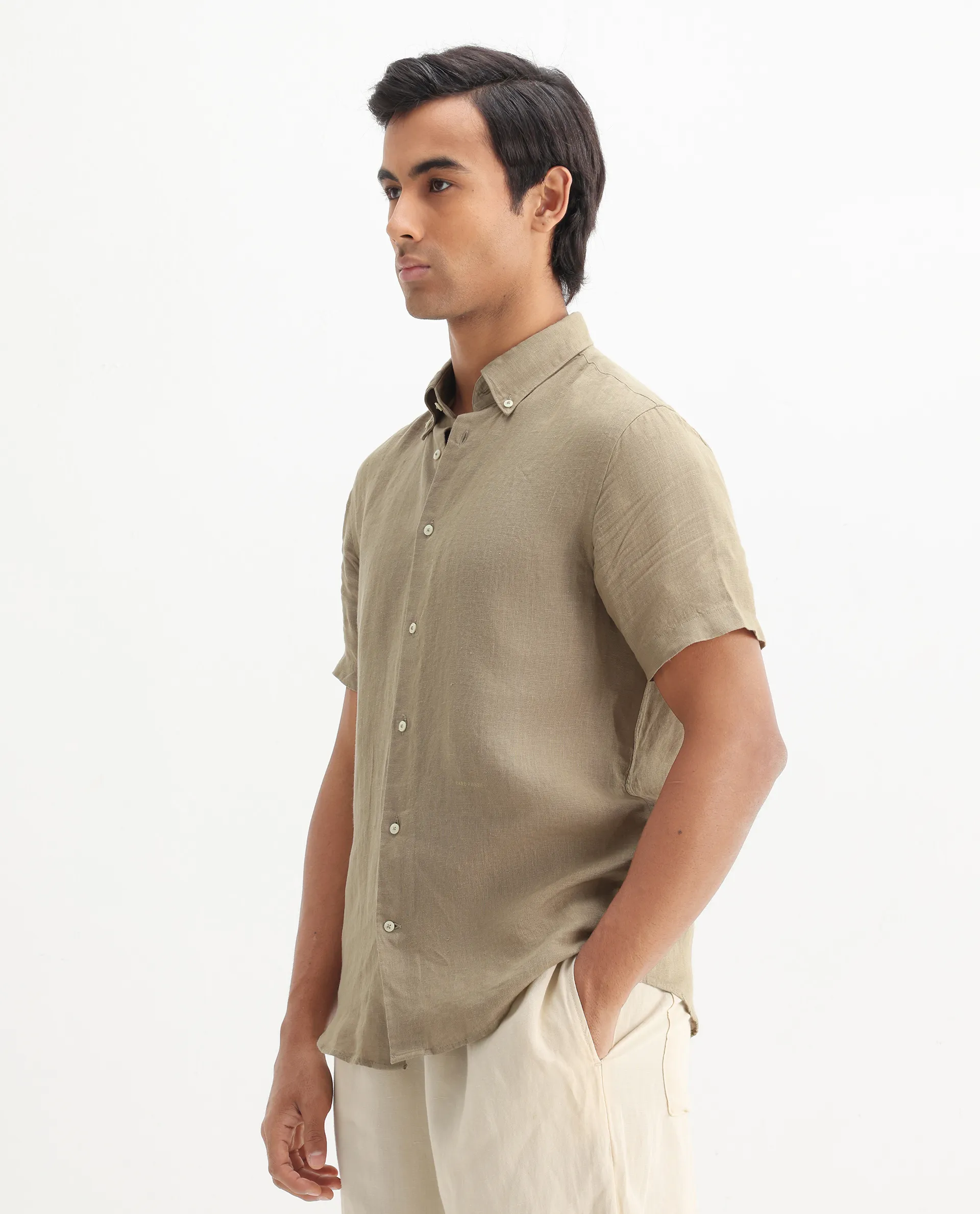 Rare Rabbit Men's Poist Khaki Linen Plain Regular Fit Half Sleeve Collared Shirt - Image 5