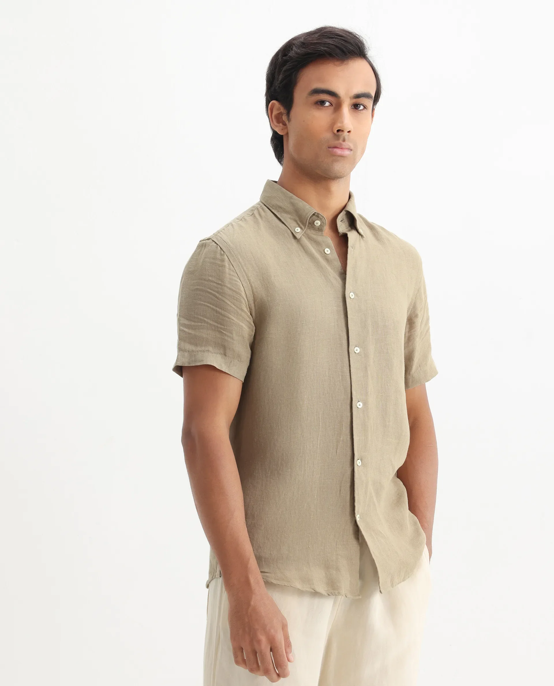 Rare Rabbit Men's Poist Khaki Linen Plain Regular Fit Half Sleeve Collared Shirt - Image 6