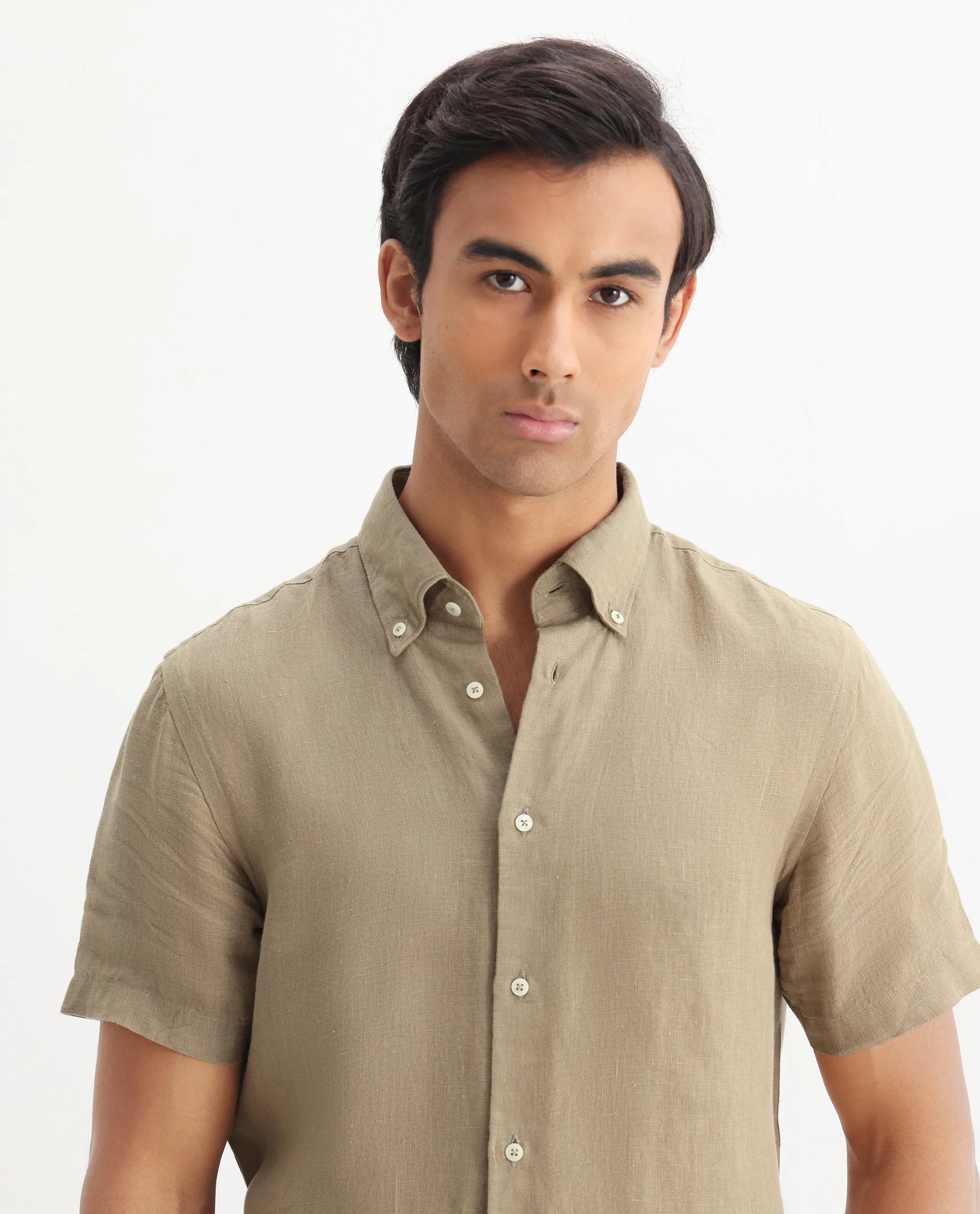 Rare Rabbit Men's Poist Khaki Linen Plain Regular Fit Half Sleeve Collared Shirt - Image 7