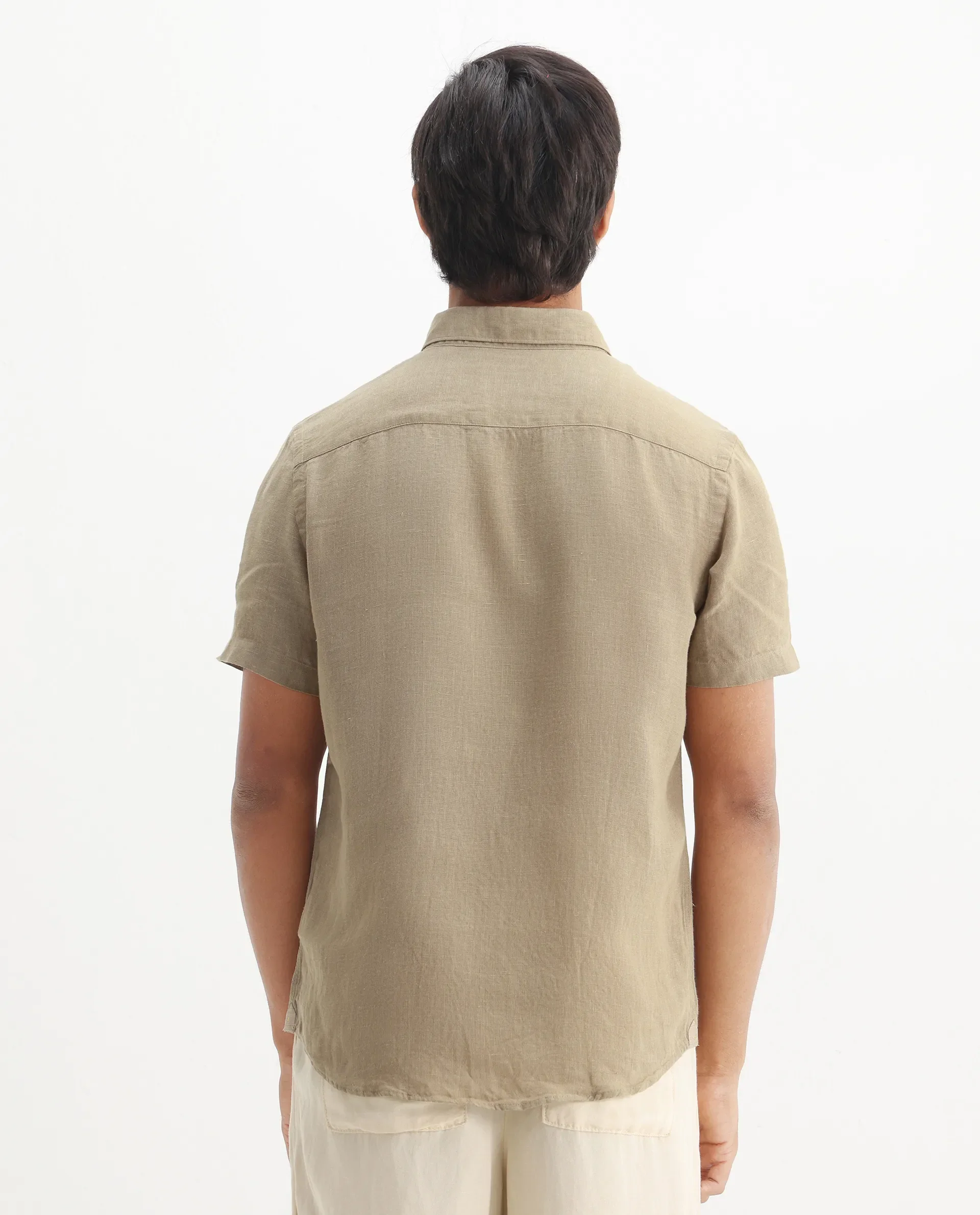 Rare Rabbit Men's Poist Khaki Linen Plain Regular Fit Half Sleeve Collared Shirt - Image 8