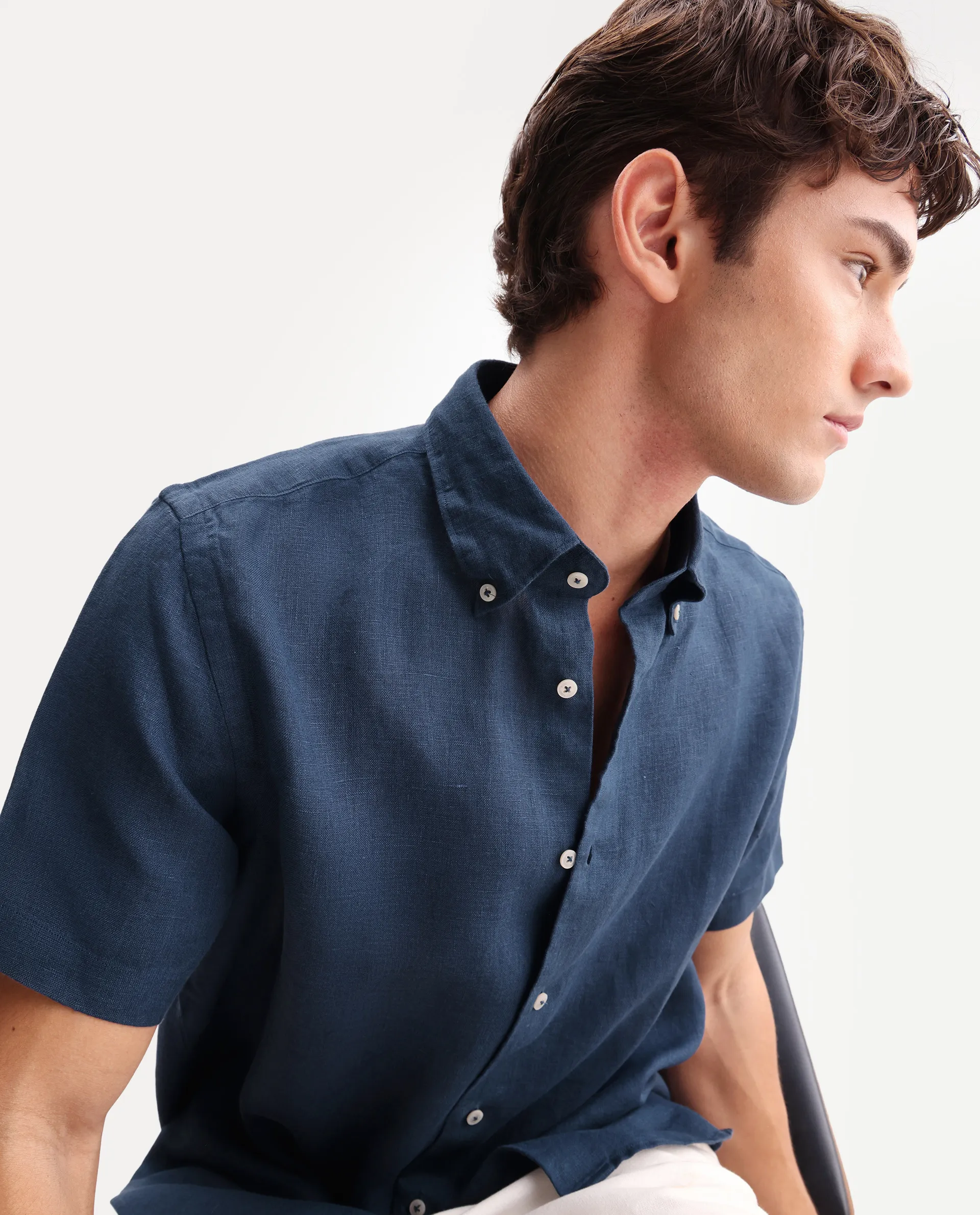 Rare Rabbit Men's Poist Navy 100% Linen Plain Regular Fit Half Sleeve Collared Shirt - Image 3