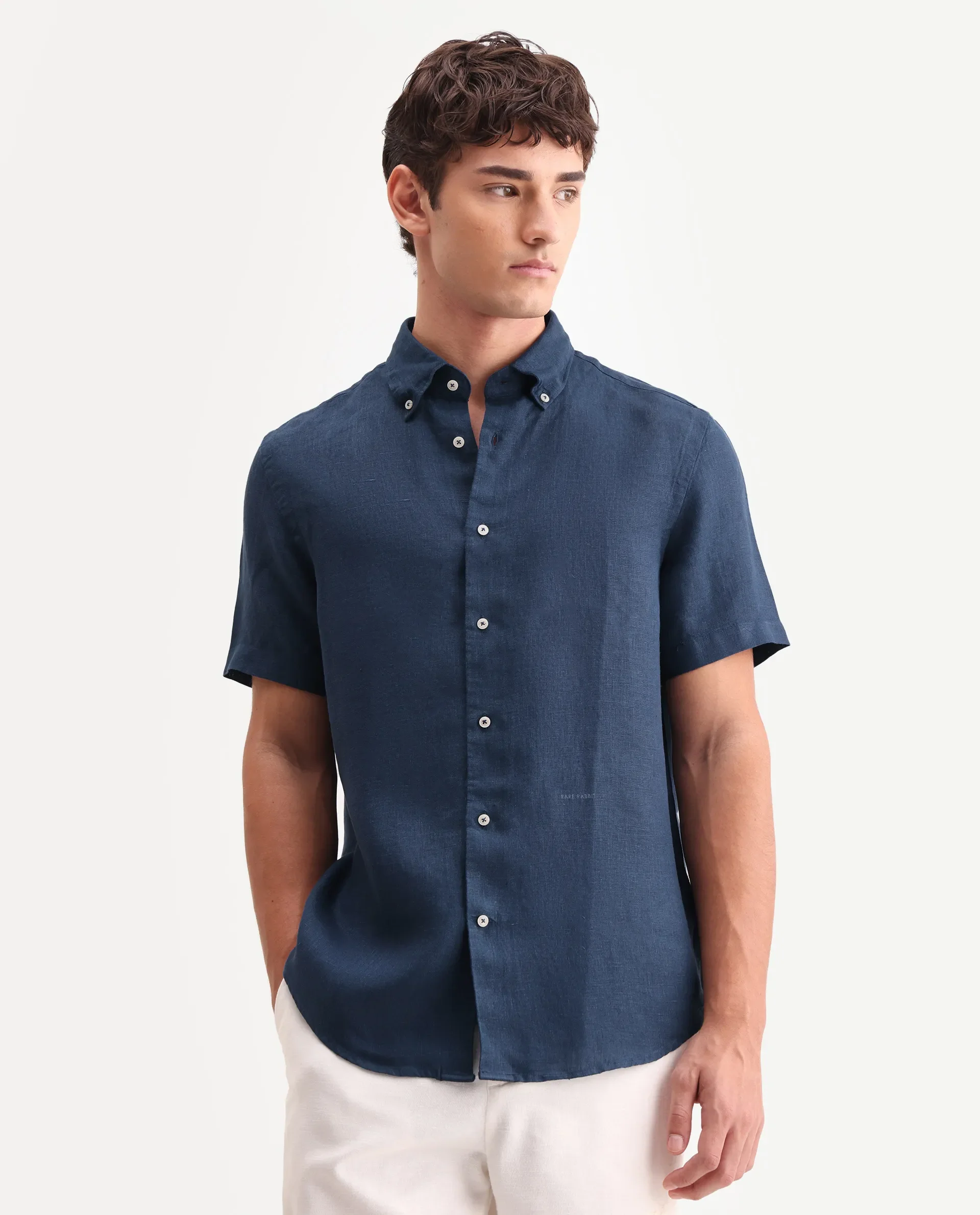 Rare Rabbit Men's Poist Navy 100% Linen Plain Regular Fit Half Sleeve Collared Shirt - Image 4