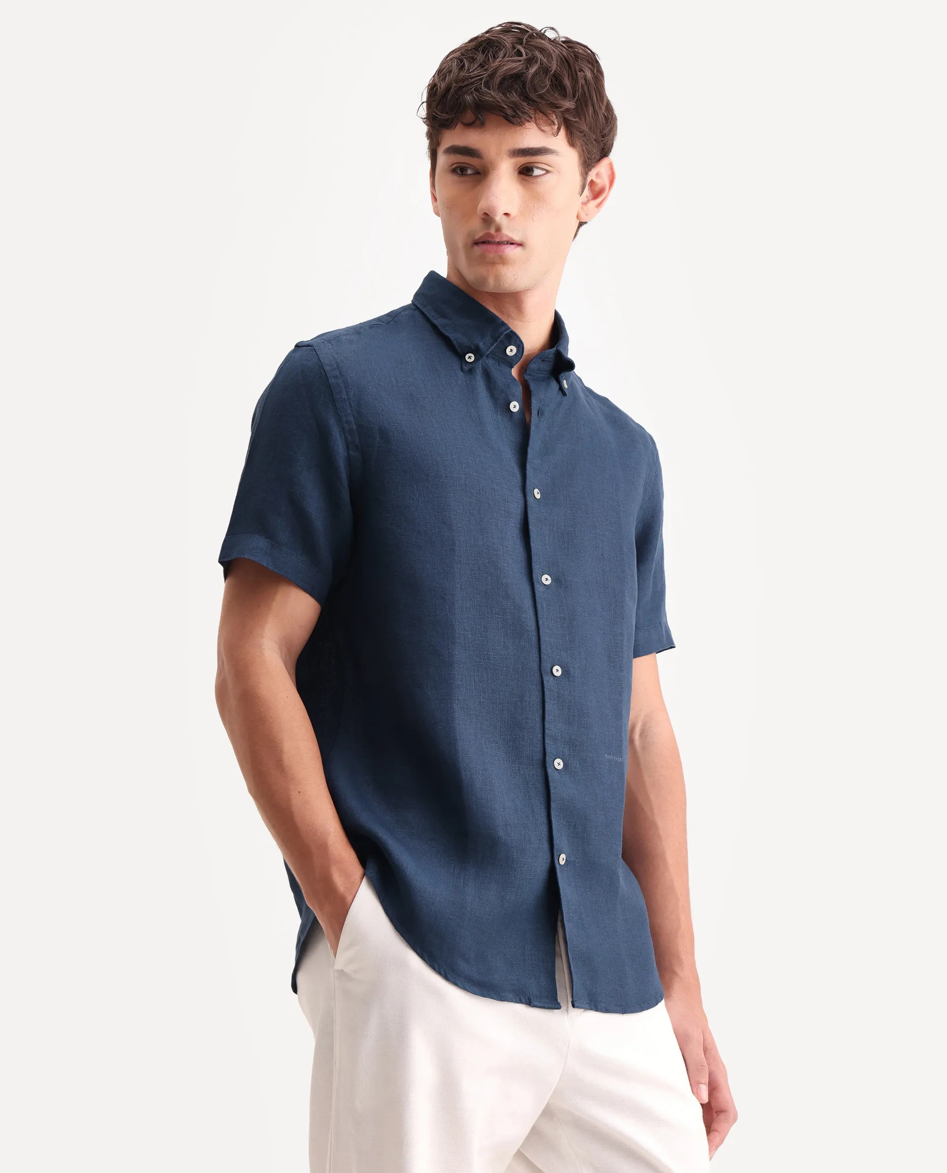 Rare Rabbit Men's Poist Navy 100% Linen Plain Regular Fit Half Sleeve Collared Shirt - Image 5
