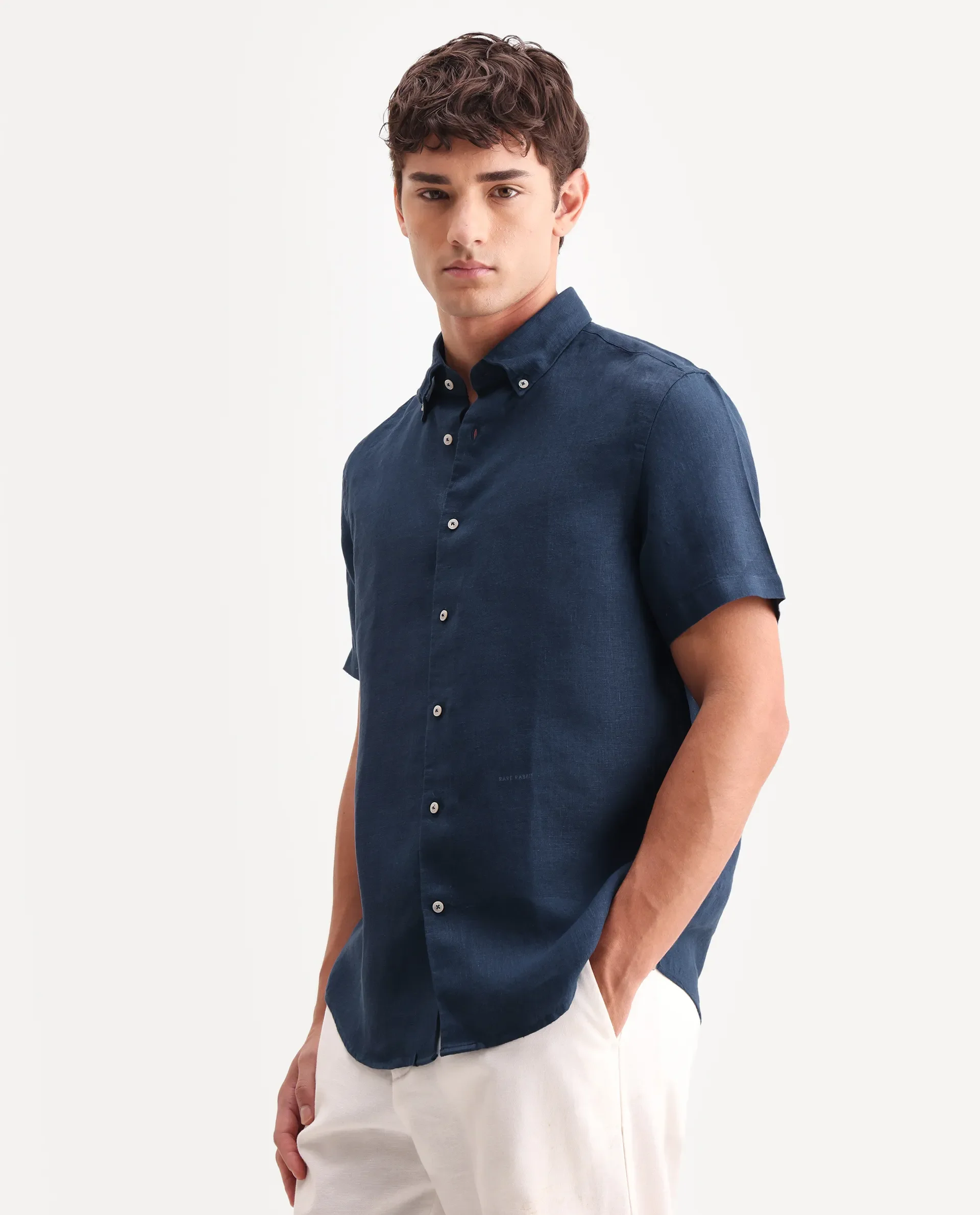 Rare Rabbit Men's Poist Navy 100% Linen Plain Regular Fit Half Sleeve Collared Shirt - Image 6