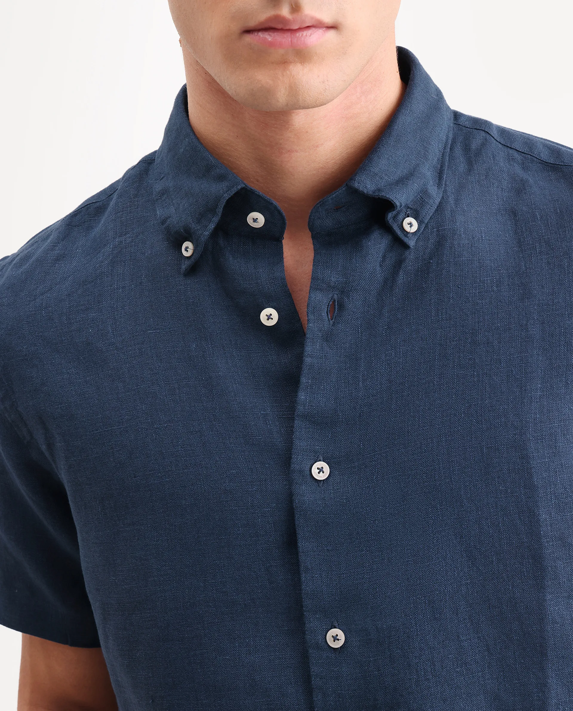 Rare Rabbit Men's Poist Navy 100% Linen Plain Regular Fit Half Sleeve Collared Shirt - Image 7