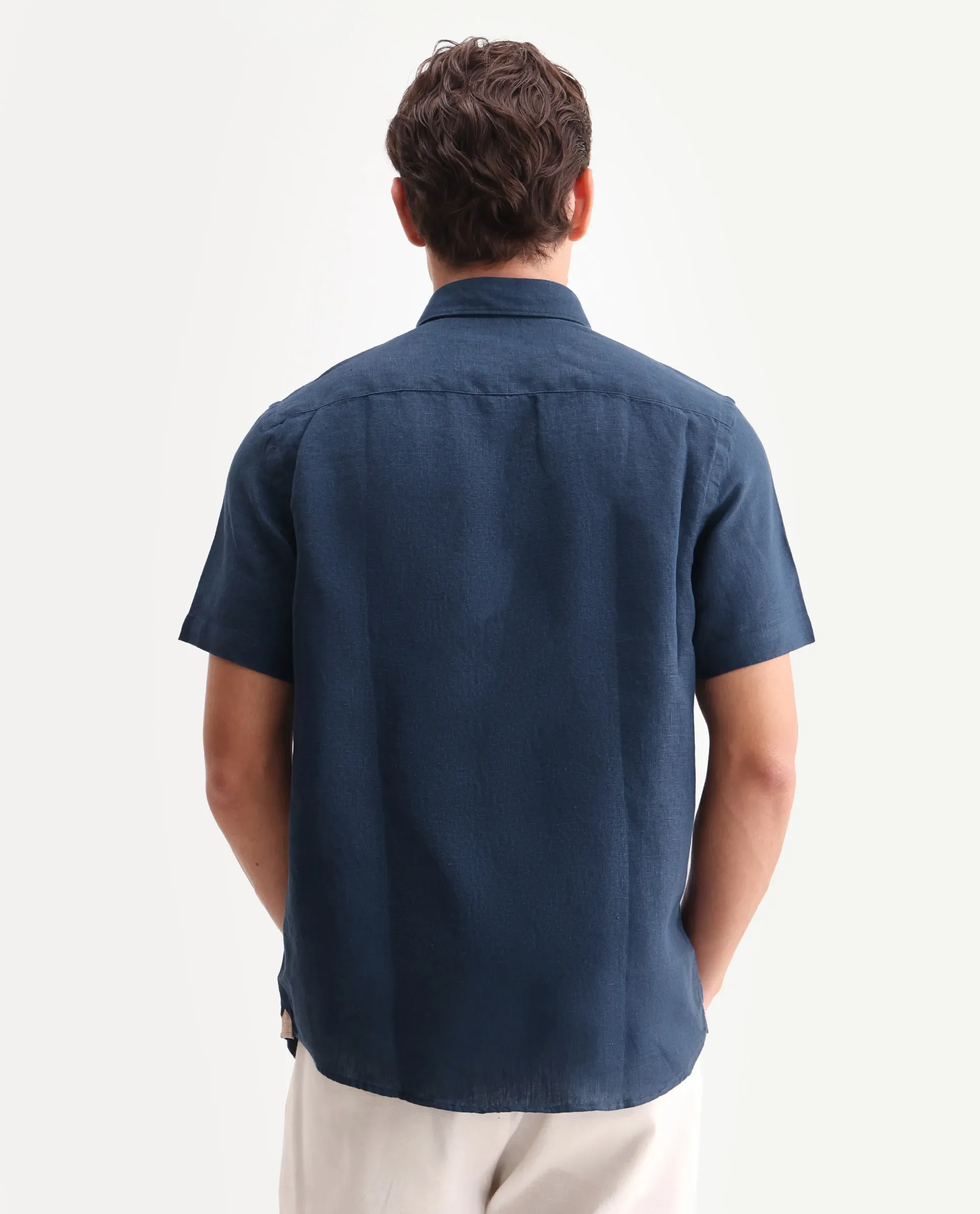 Rare Rabbit Men's Poist Navy 100% Linen Plain Regular Fit Half Sleeve Collared Shirt - Image 8